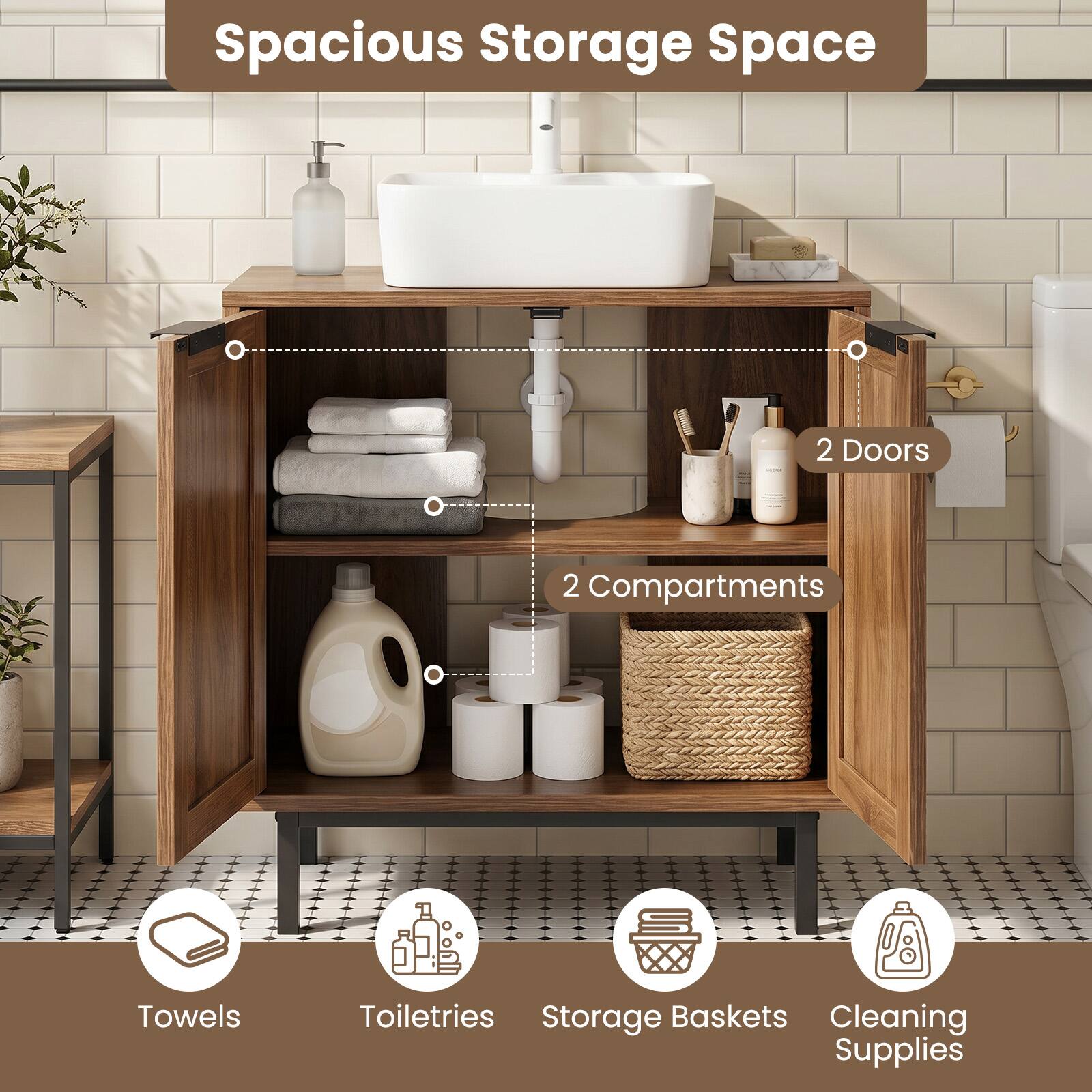 Spacious Storage Space  
2 Doors  
2 Compartments  
Towels  
Toiletries  
Storage Baskets  
Cleaning Supplies