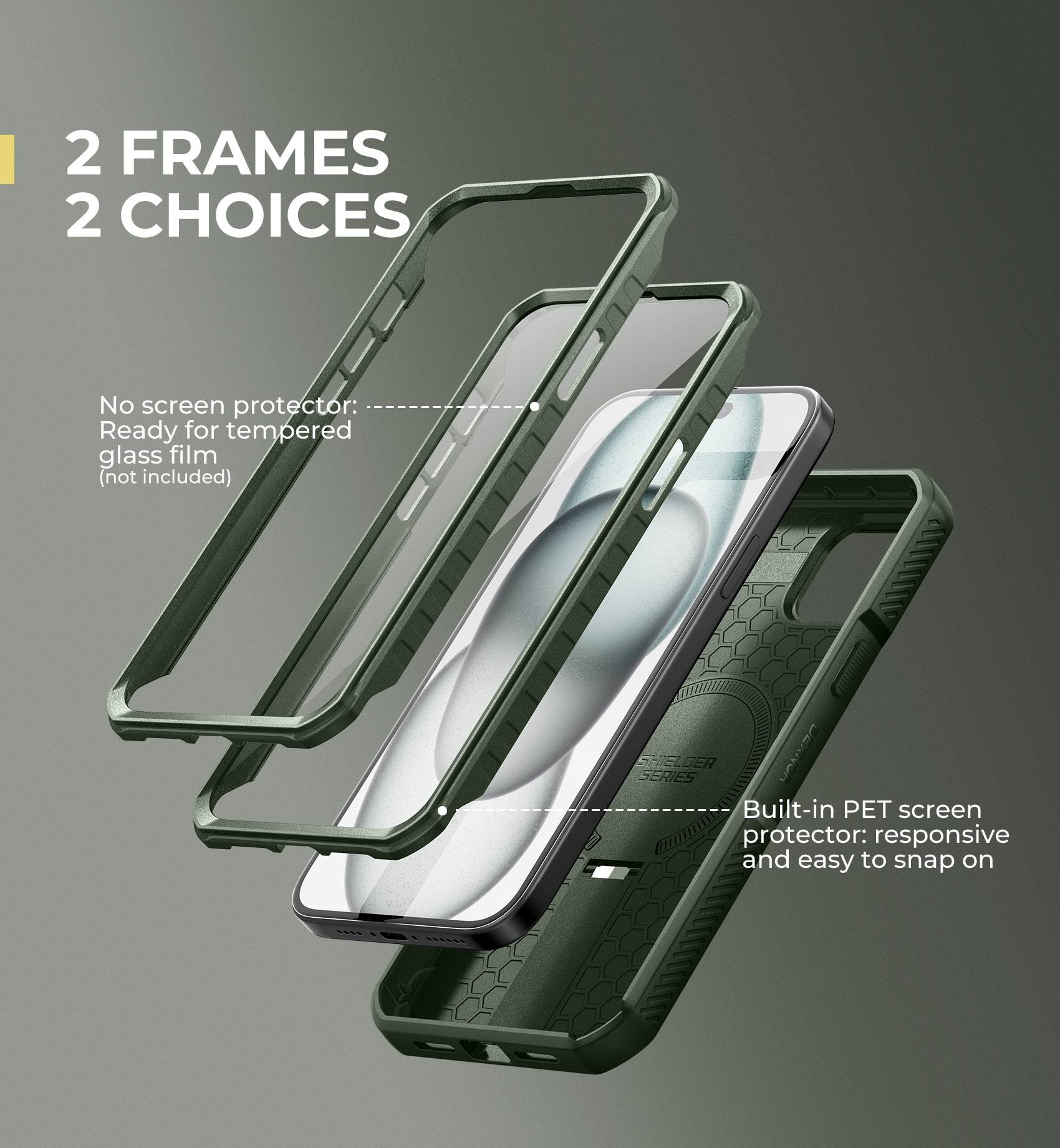 2 FRAMES 2 CHOICES

No screen protector: Ready for tempered glass film (not included)
Built-in PET screen protector: responsive and easy to snap on