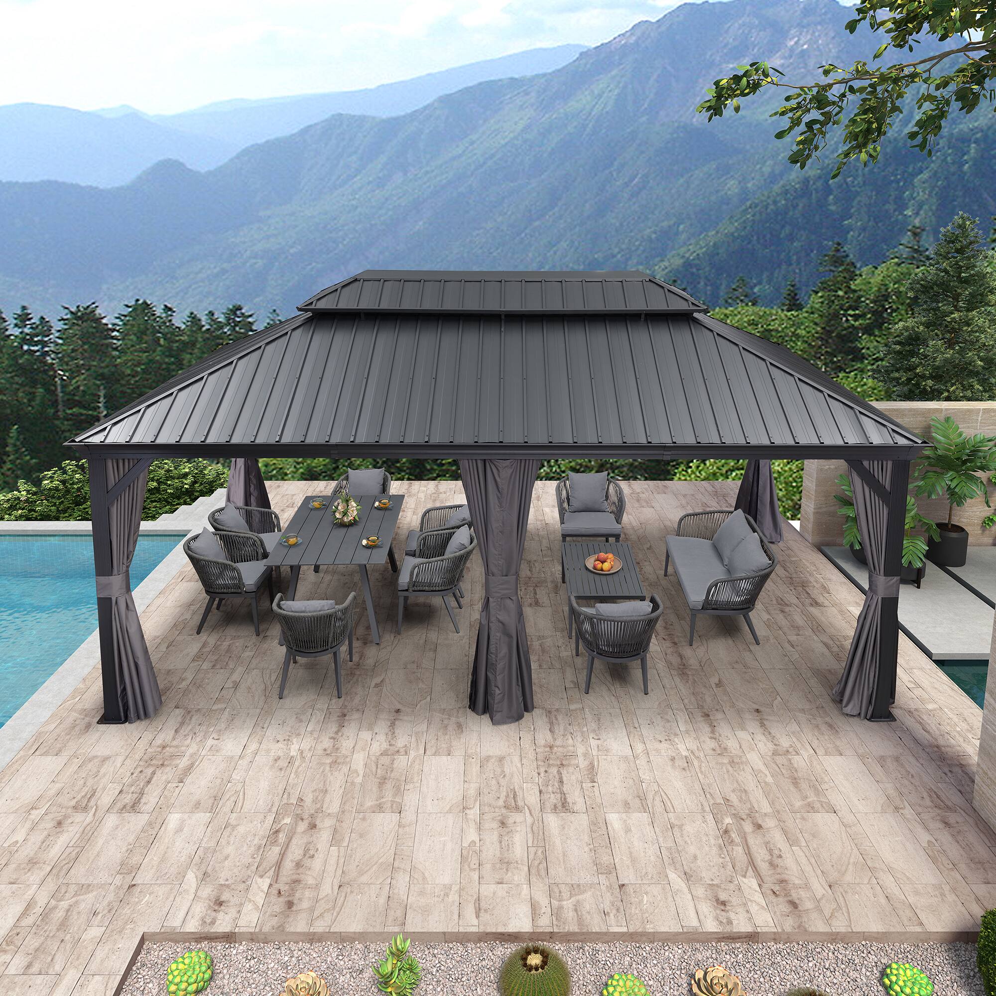 Alt View 1. PURPLE LEAF - 12 X 20 FT Permanent Hardtop Aluminum Gazebo with Double Roof for Patio Lawn and Garden, Curtains and Netting Included - 12' X 20'.