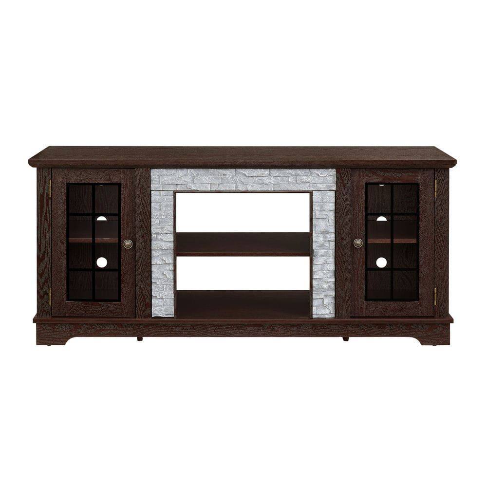 Front. Kadyn - 58-Inch Modern Entertainment Center with Faux Stone Finish - Cherry - Brown.