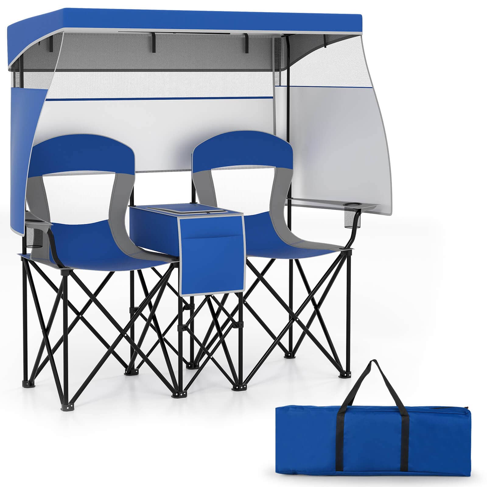 Costway - Double Beach Chair with Adjustable Canopy Oversized Folding Camping Chair - Navy