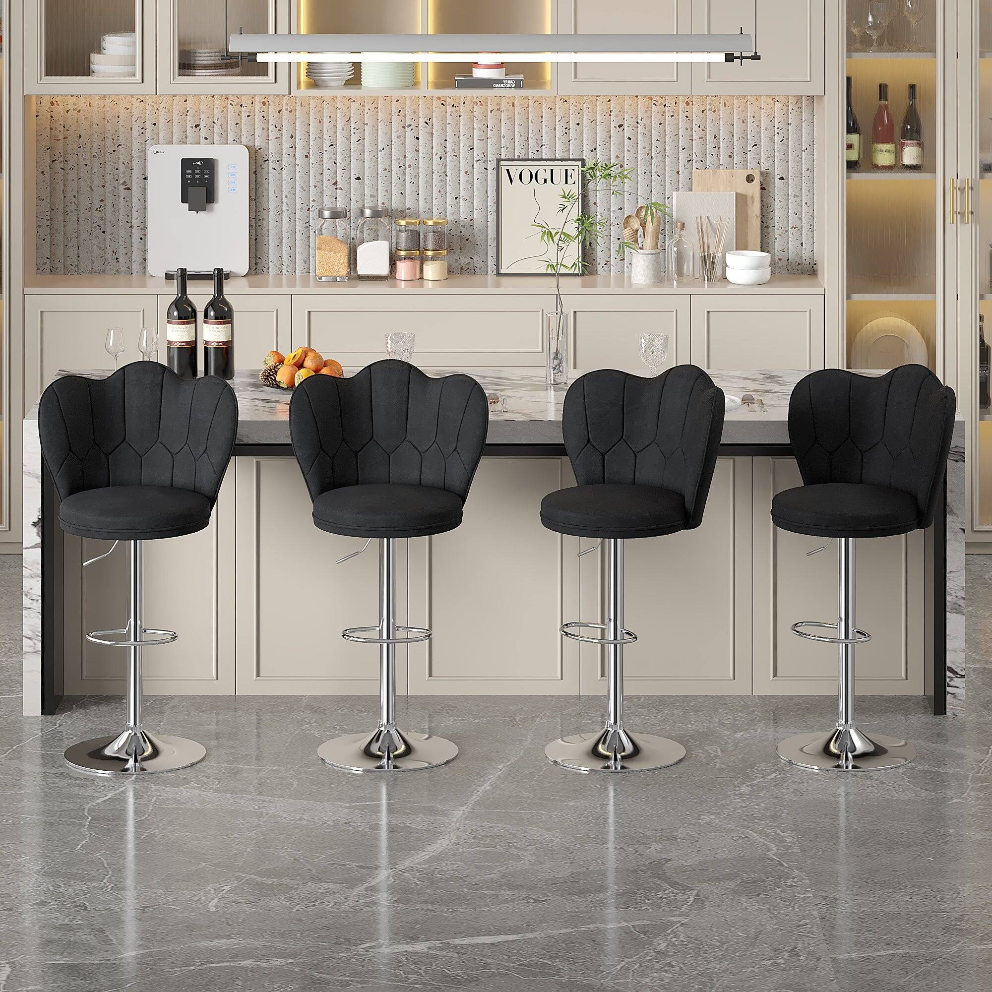 Alt View 3. Vecelo - Set of 2 Velvet Bar Stools with Adjustable Height - 360° Swivel, 330lb Capacity & Cloud Backrest for Kitchen Island - Black.