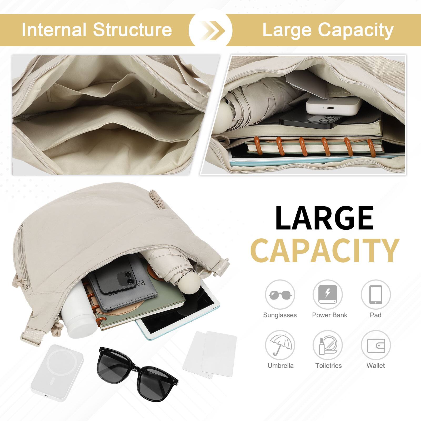 Internal Structure Large Capacity

LARGE CAPACITY

- Sunglasses
- Power Bank
- Pad
- Umbrella
- Toiletries
- Wallet