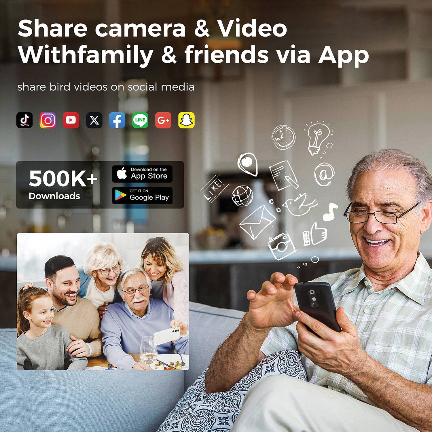 Share camera & Video With family & friends via App  
share bird videos on social media  

500K+ Downloads  
Download on the App Store  
GET IT ON Google Play  

LIKE!