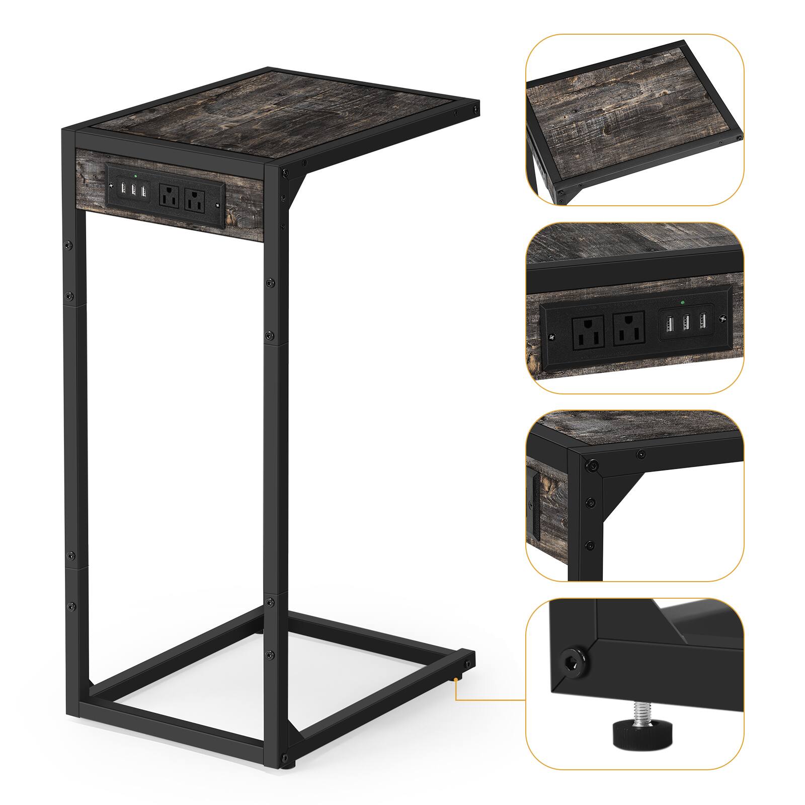 Back. Oumilen - Set of 2 C-Shaped Side Tables with Charging Station – Rustic Wood End Table with AC/USB, Slides Under Sofa - Grey.