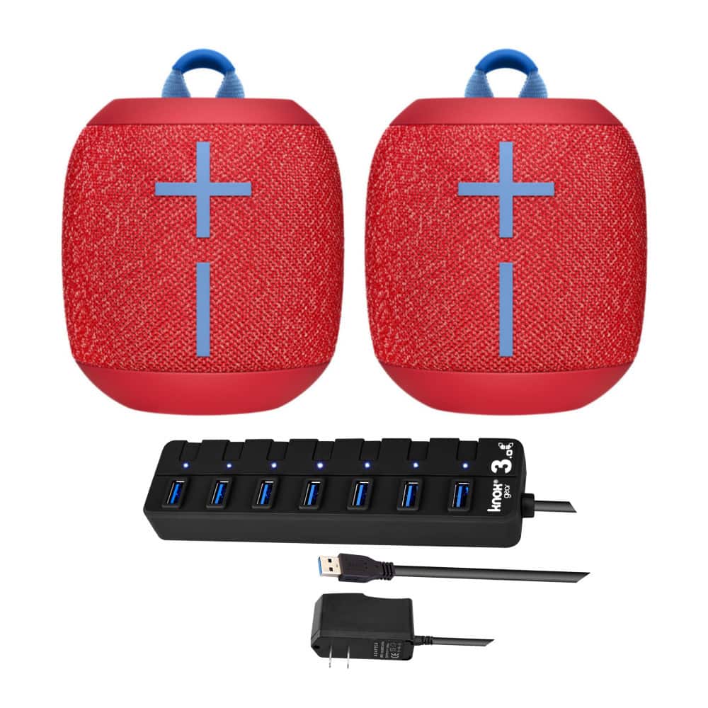 Ultimate Ears - WONDERBOOM 2 Bluetooth Speaker Pair (Red) with 7-Port USB 3.0 Hub - Red/Silver