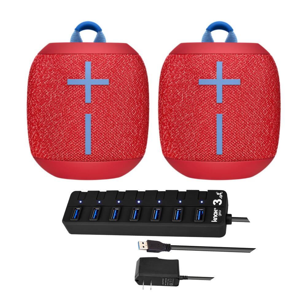 Ultimate Ears - WONDERBOOM 2 Bluetooth Speaker Pair (Red) with 7-Port USB 3.0 Hub - Red/Silver