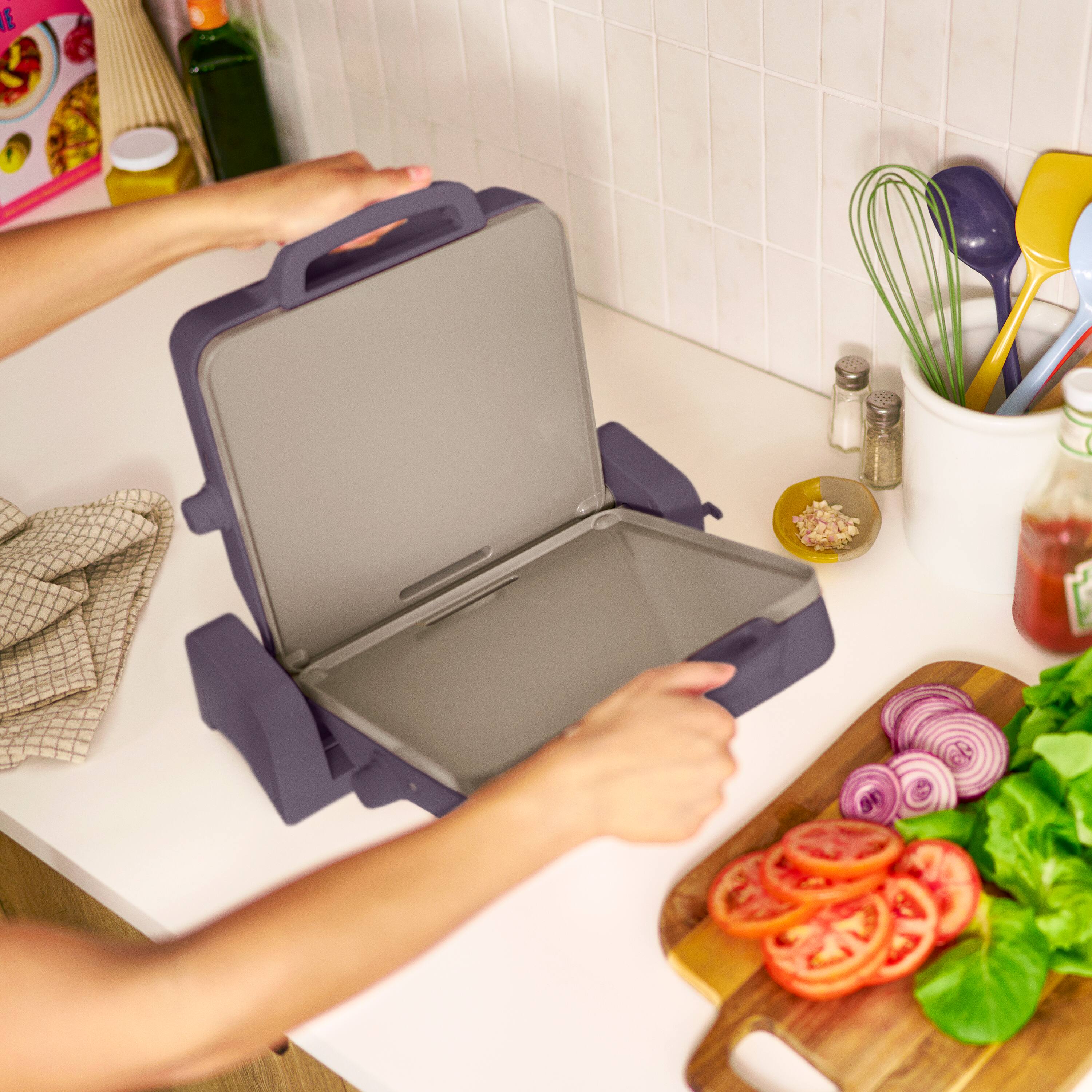 Alt View 6. Bella - Fits-anywhere Kitchenware: 10" x 20" Fold & Store Dual Temp Electric Griddle - Plum.