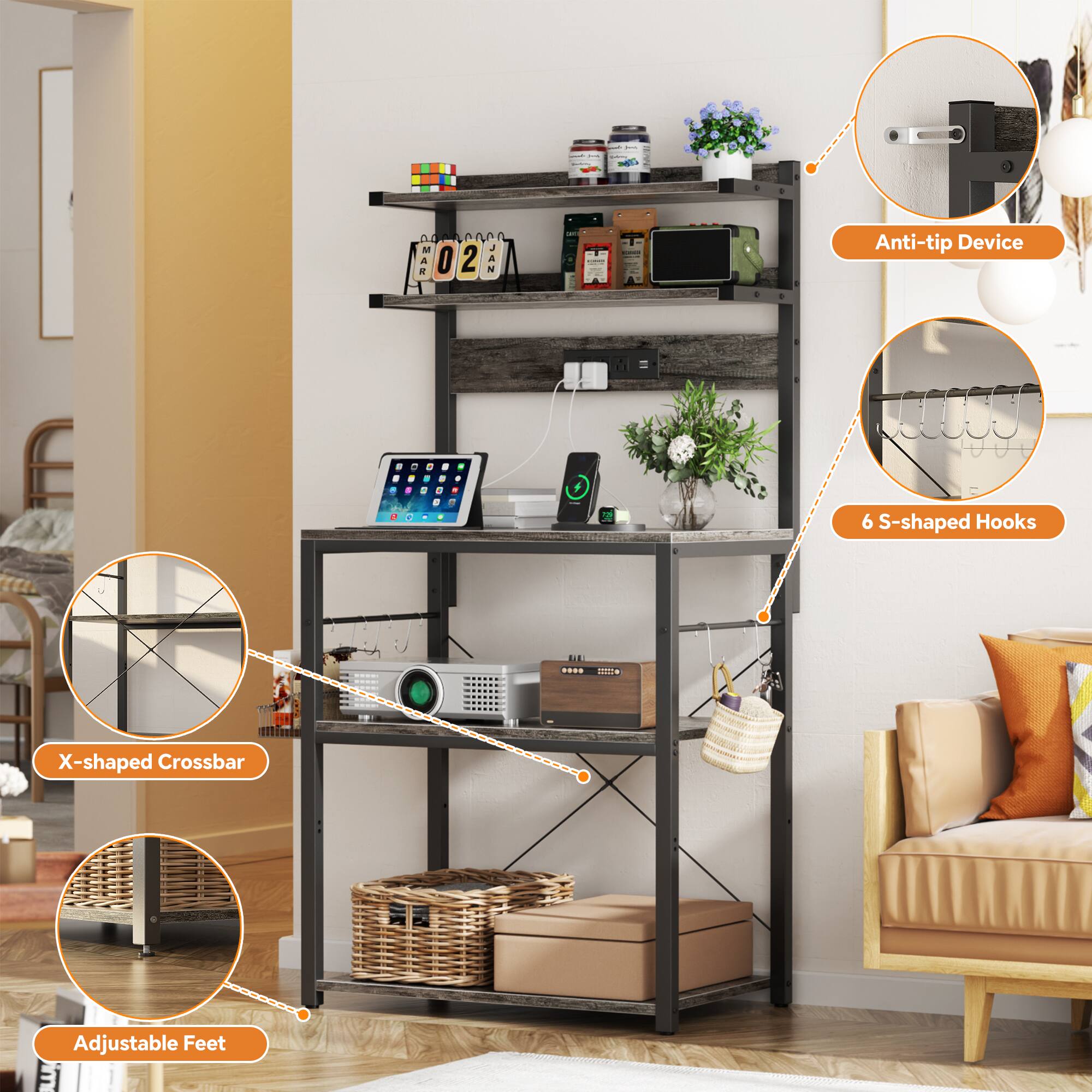 - Anti-tip Device
- 6 S-shaped Hooks
- X-shaped Crossbar
- Adjustable Feet