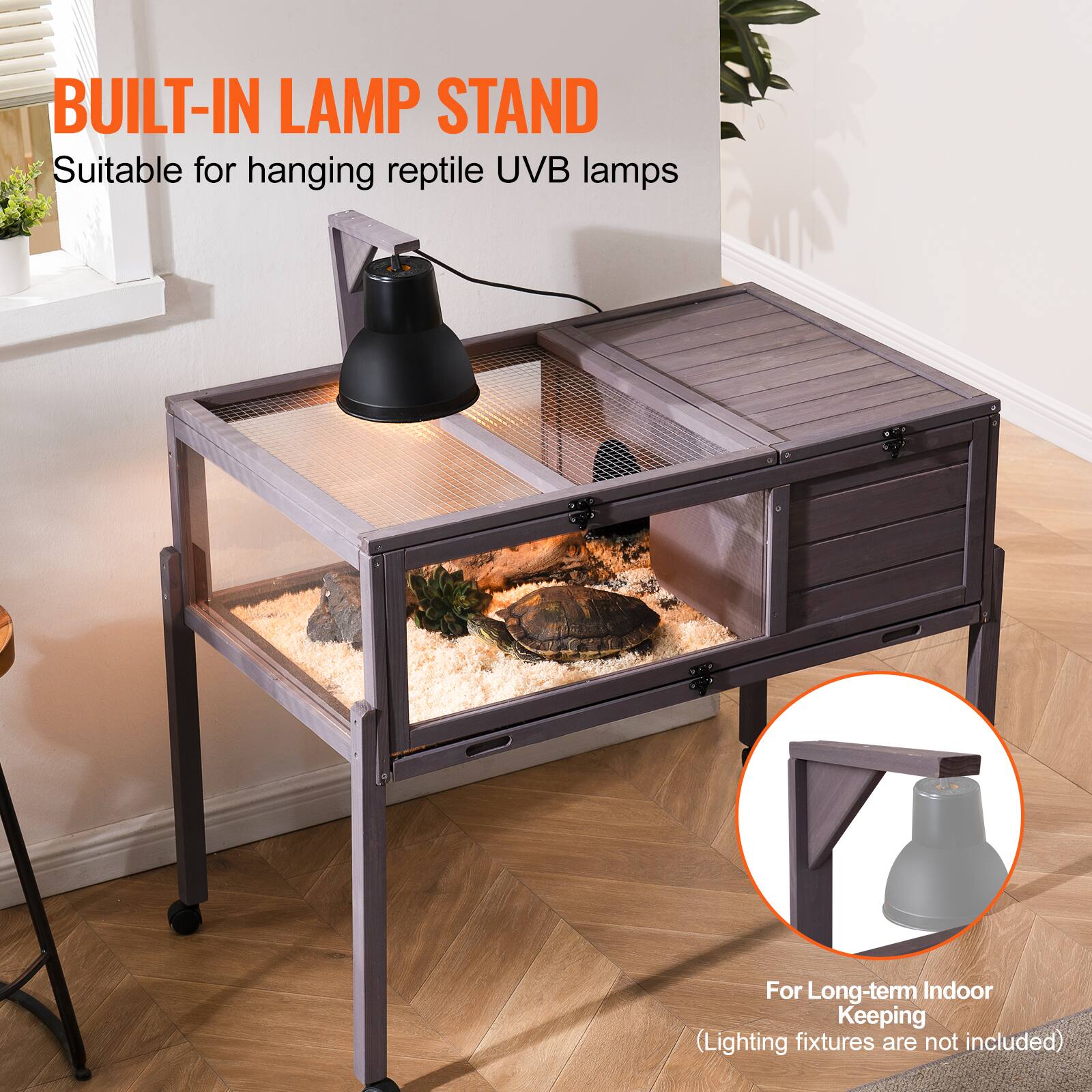 BUILT-IN LAMP STAND  
Suitable for hanging reptile UVB lamps  

For Long-term Indoor Keeping  
(Lighting fixtures are not included)