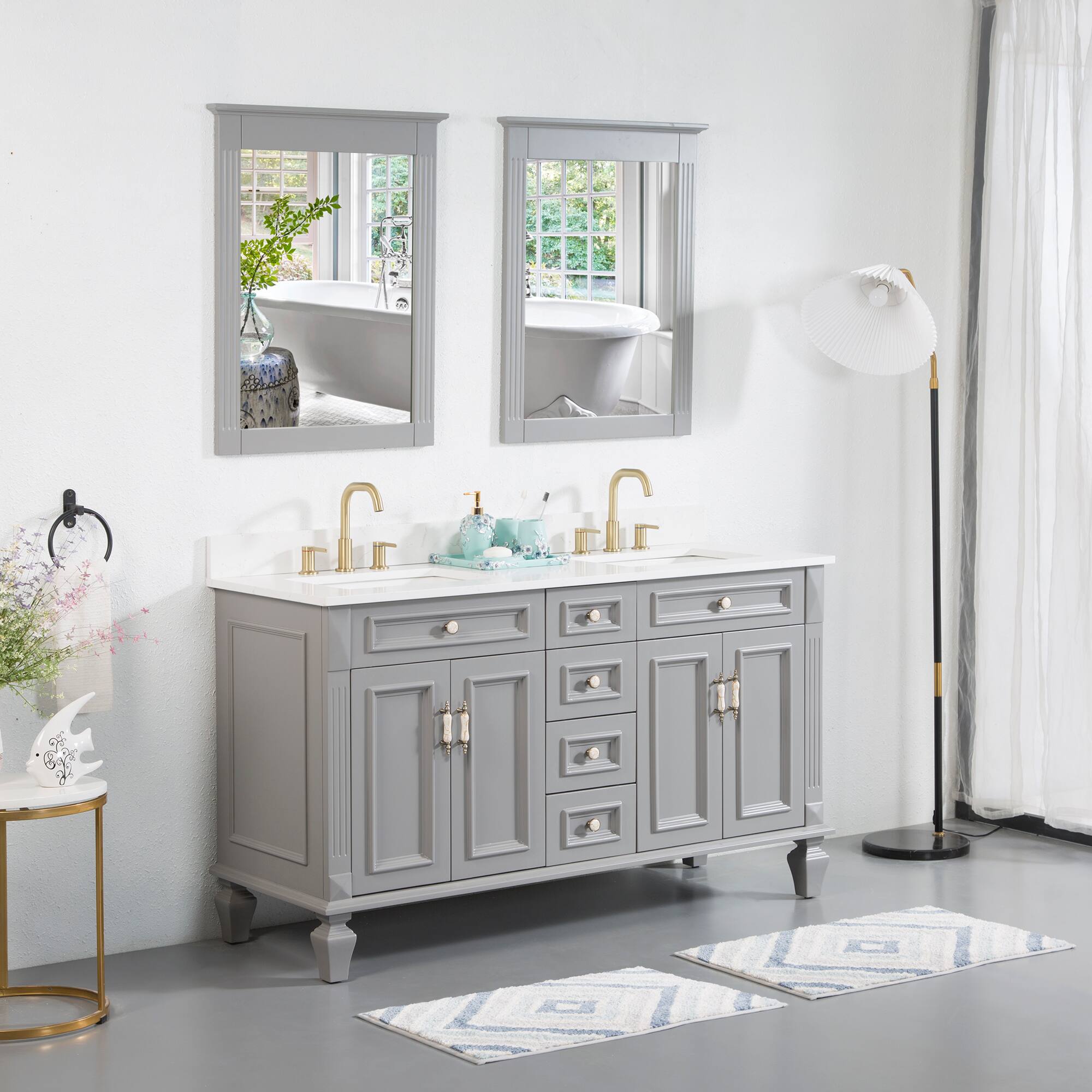 Angle. WELLFOR - ARTWOOD 60 in. Solid Wood Bath Vanity with Quartz Top, Double Sink, Soft Close, Assembled - Gray.