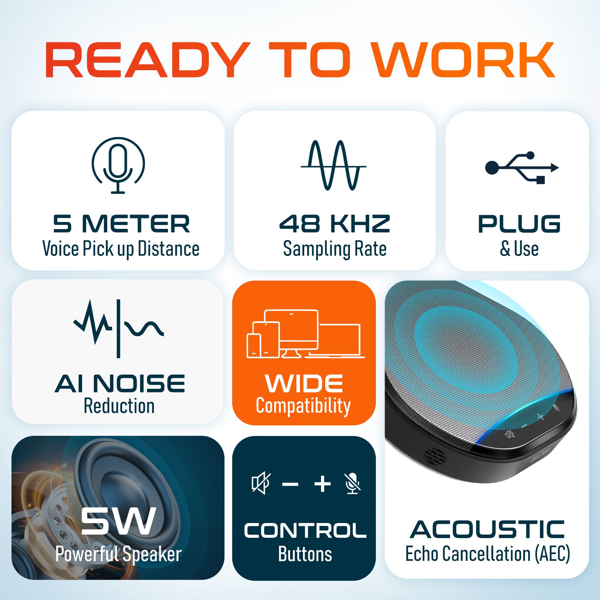 READY TO WORK

5 METER Voice Pick up Distance
48 KHZ Sampling Rate
PLUG & Use
AI NOISE Reduction
WIDE Compatibility
SW Powerful Speaker
CONTROL Buttons
ACOUSTIC Echo Cancellation (AEC)