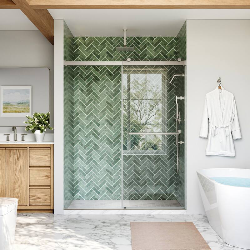 Angle. WELLFOR - 56-60 in W x 74 in H Double Sliding Frameless Shower Door with 1/4 in. Clear SGCC Tempered Glass - Brushed Nickel.