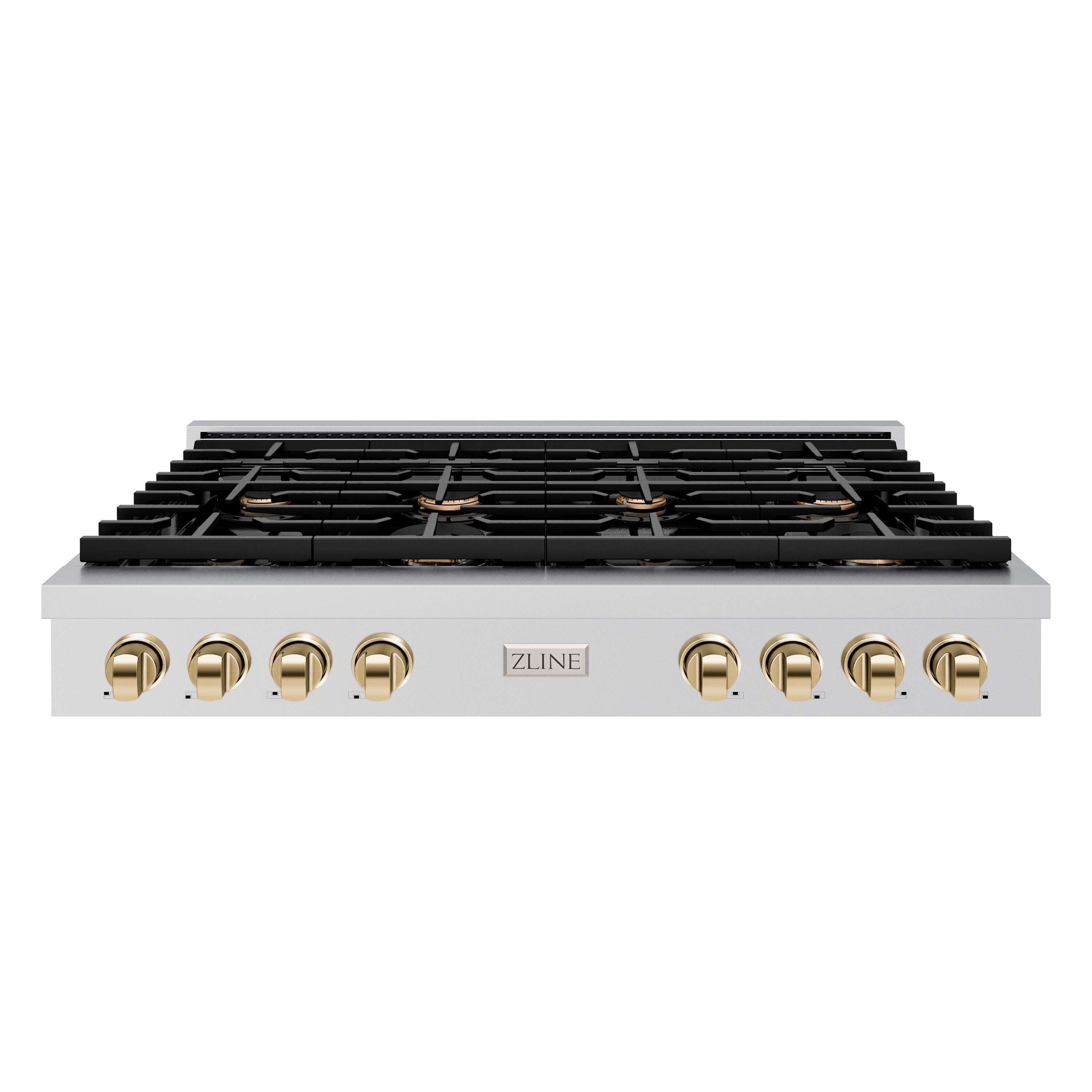 Front. ZLINE - ZLINE 48 in. Autograph Paramount Gas Rangetop w/ 8 Burners & Champagne Bronze Accents (SRTZ-48-G) - Stainless Steel.
