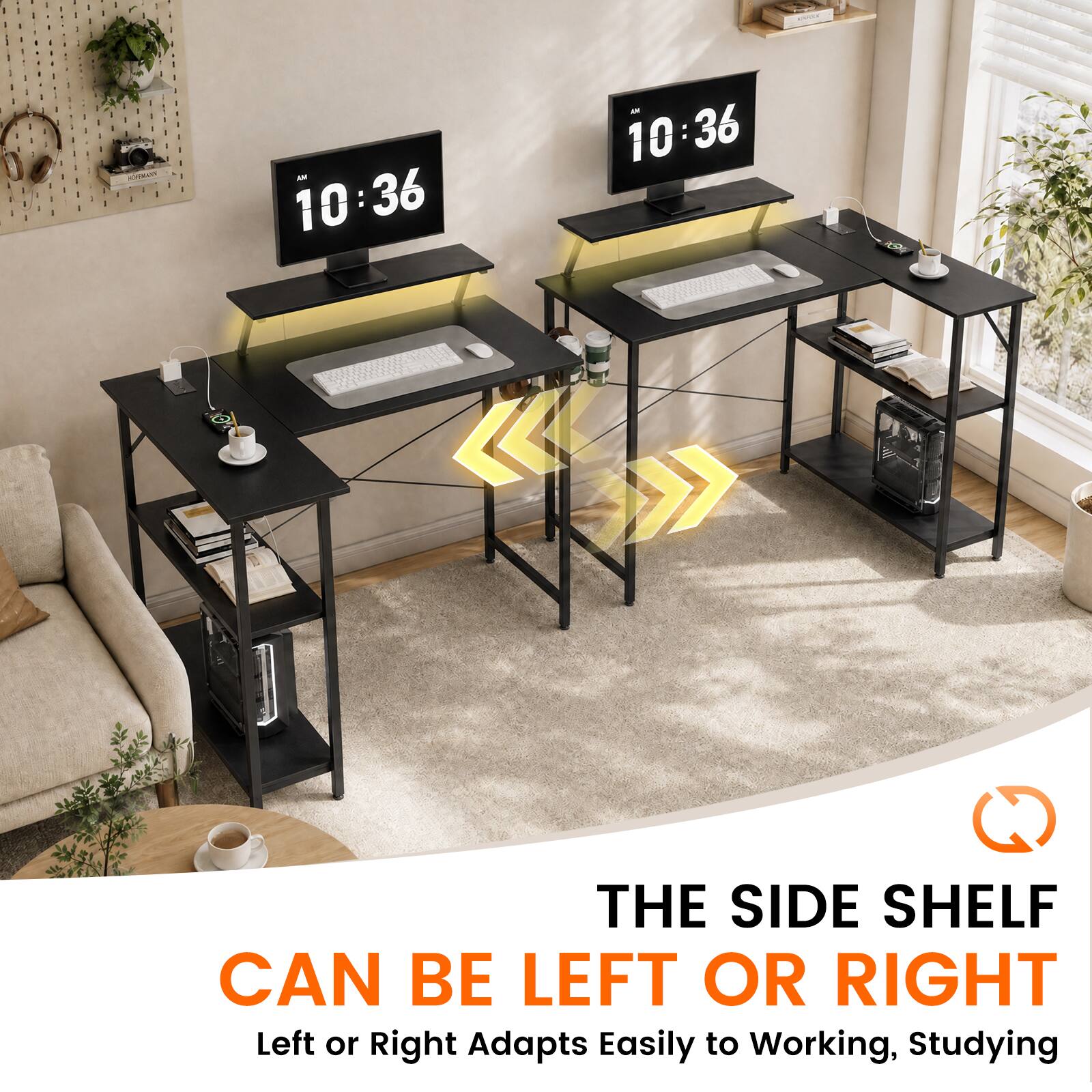 KANDE  
SCHROITS  
AN 10:36  
a 10:36  
THE SIDE SHELF CAN BE LEFT OR RIGHT  
Left or Right Adapts Easily to Working, Studying