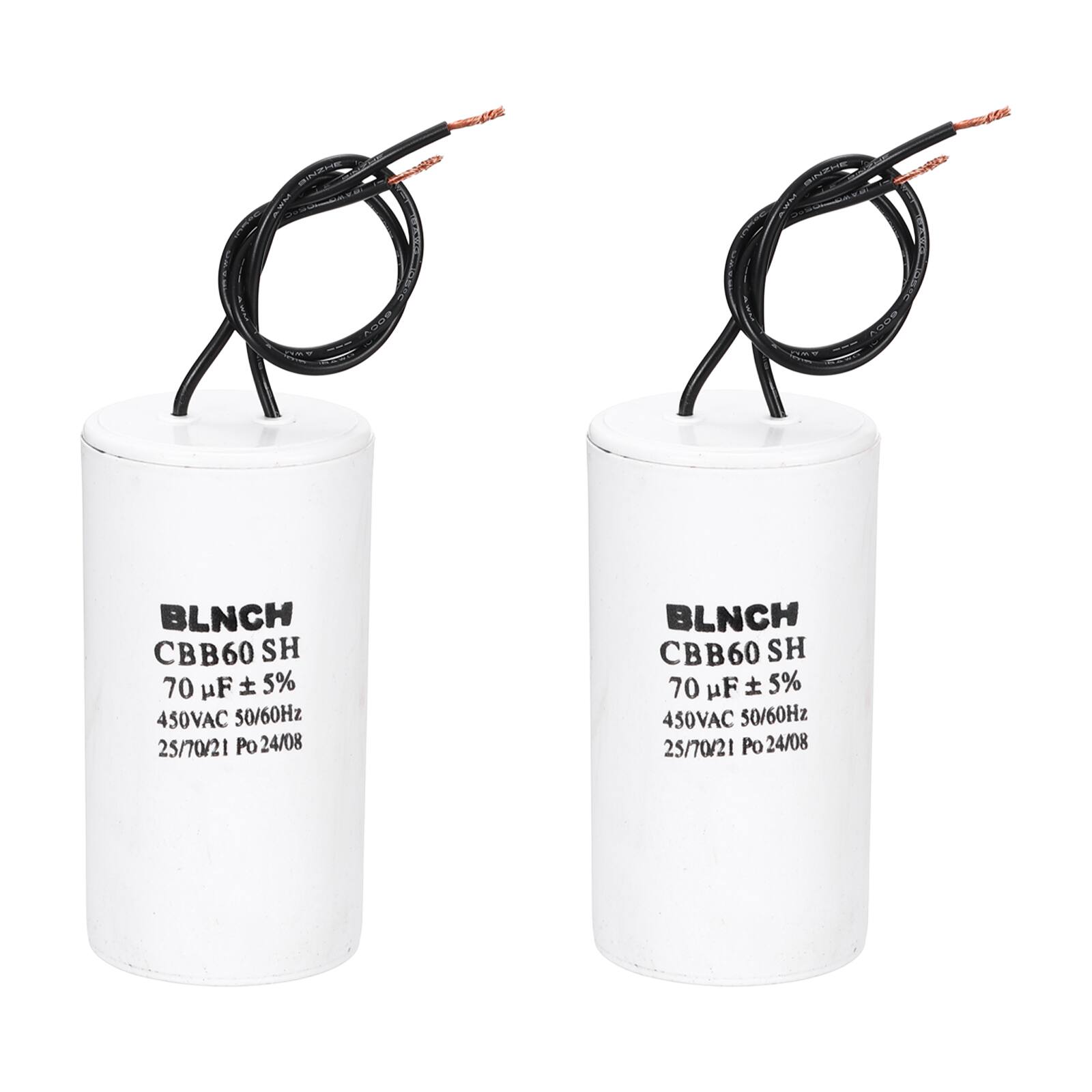 Unique Bargains - 2pcs 70uF CBB60 Running Capacitor, AC 450V 2 Wire for Air Compressor, Washing Machine, Refrigerator, Air Conditioner - White