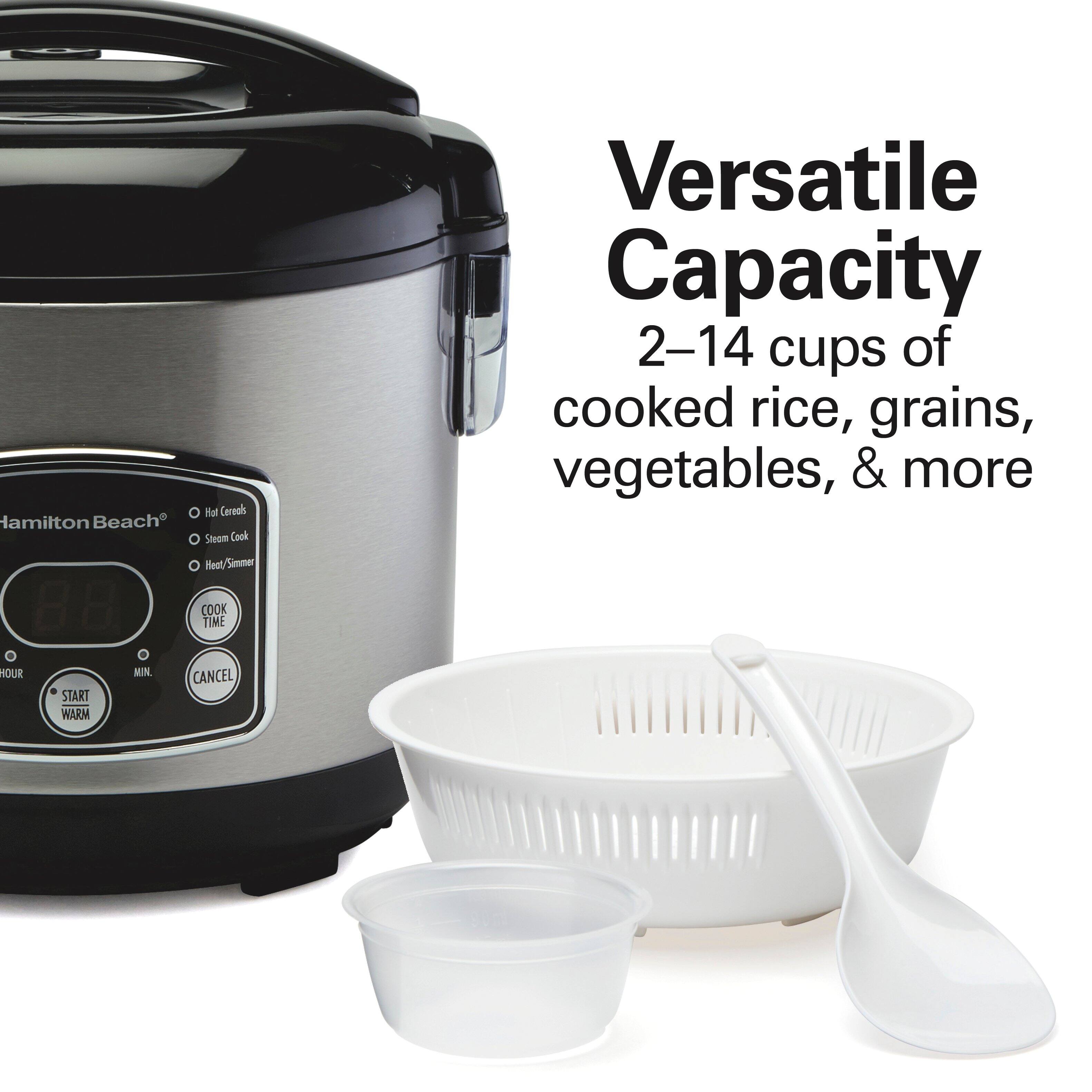 Versatile Capacity  
2–14 cups of cooked rice, grains, vegetables, & more  

Hamilton Beach®  
- Hot Cereal  
- Steam Cook  
- Heat/Simmer  
- COOK TIME  
- START WARM  
- CANCEL