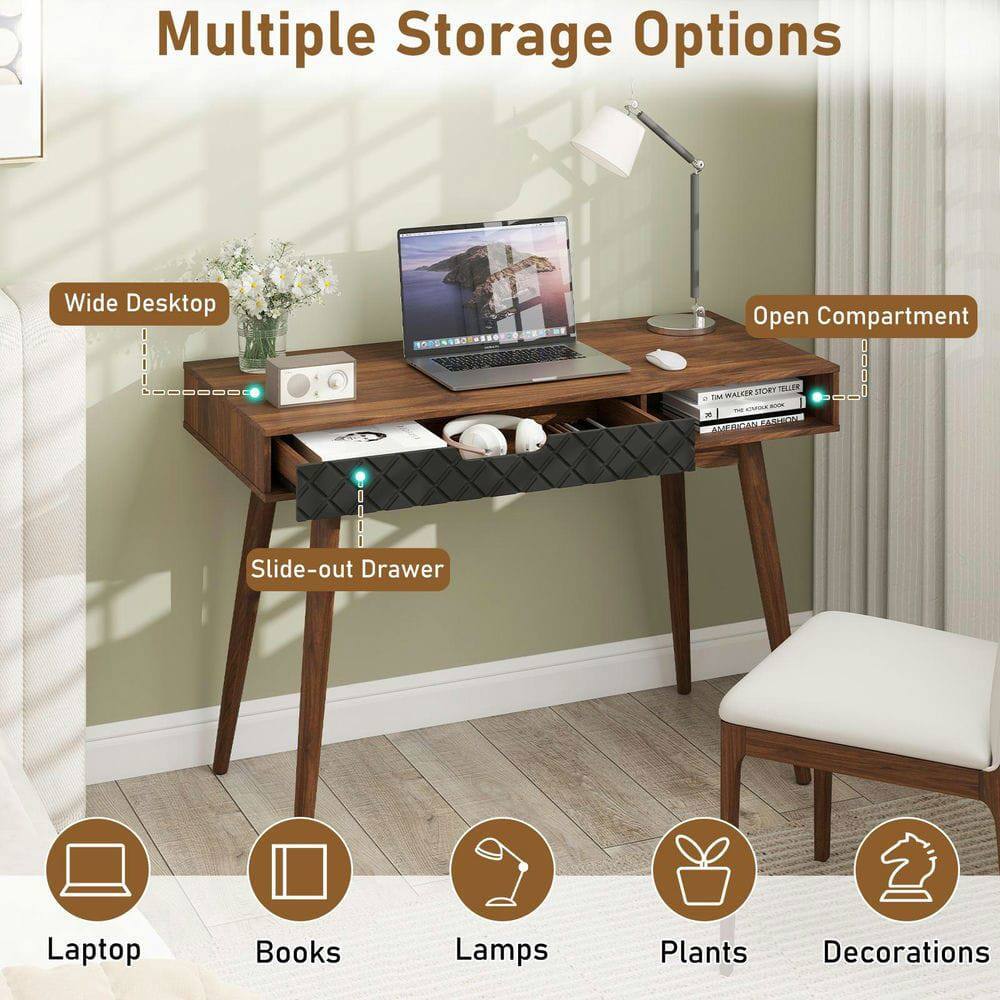 Multiple Storage Options

- Wide Desktop
- Open Compartment
- Slide-out Drawer

Laptop, Books, Lamps, Plants, Decorations