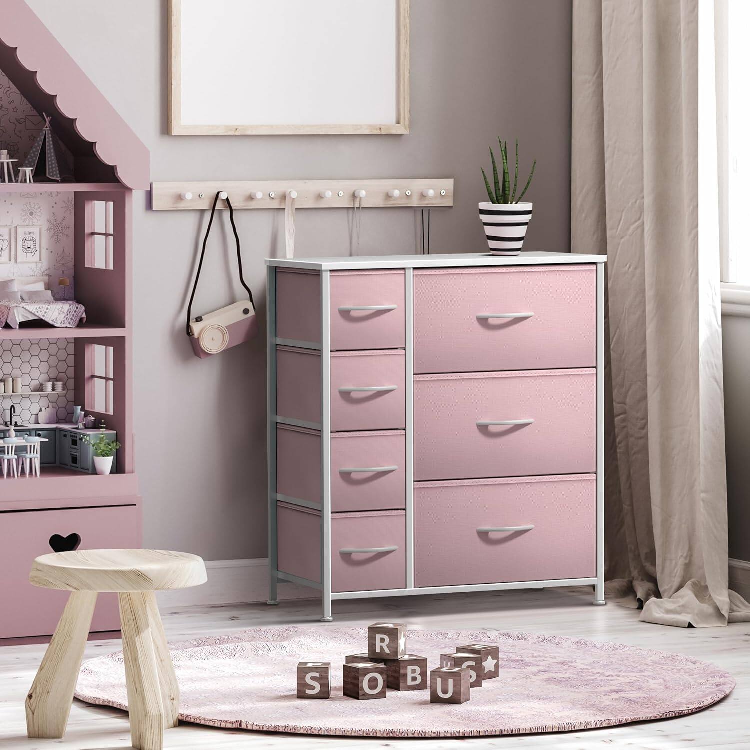 Angle. Sorbus - Sorbus Dresser with 7 Drawers - Storage Chest Organizer with Steel Frame, Wood Top, Handles, Fabric Bins - Pink.