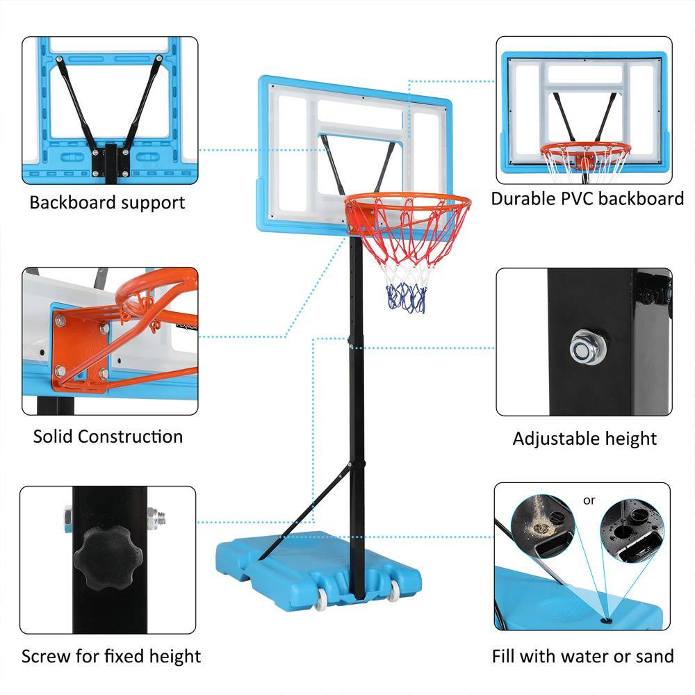 Backboard support  
Durable PVC backboard  
Solid Construction  
Adjustable height or Screw for fixed height  
Fill with water or sand