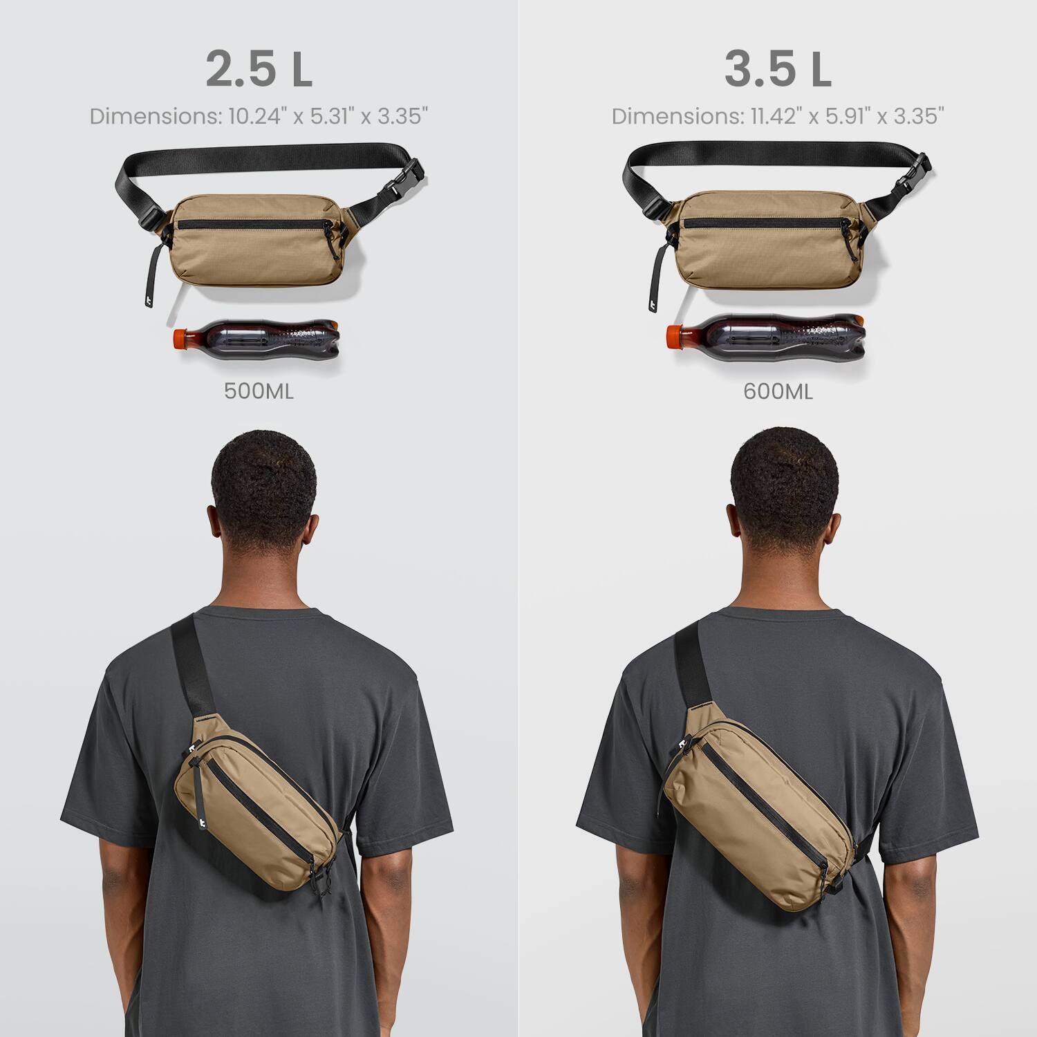 Grouped and corrected text:

2.5 L Dimensions: 10.24" X 5.31" x 3.35"
3.5 L Dimensions: 11.42" X 5.91" x 5.91"
500ML 600ML