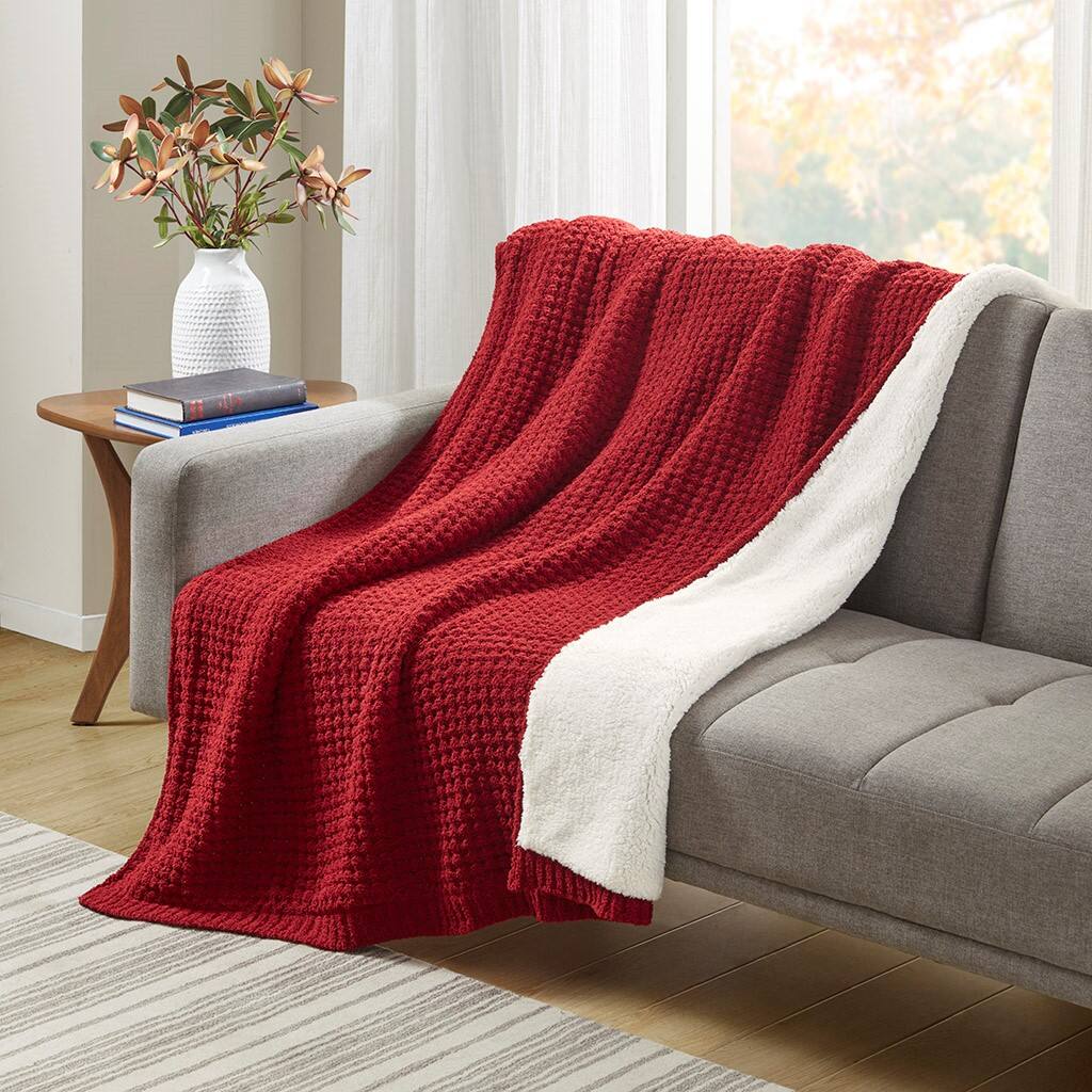 Alt View 1. Gracie Mills - Gracie Mills Dorian Waffle Weave Solid Chenille Throw - Red.