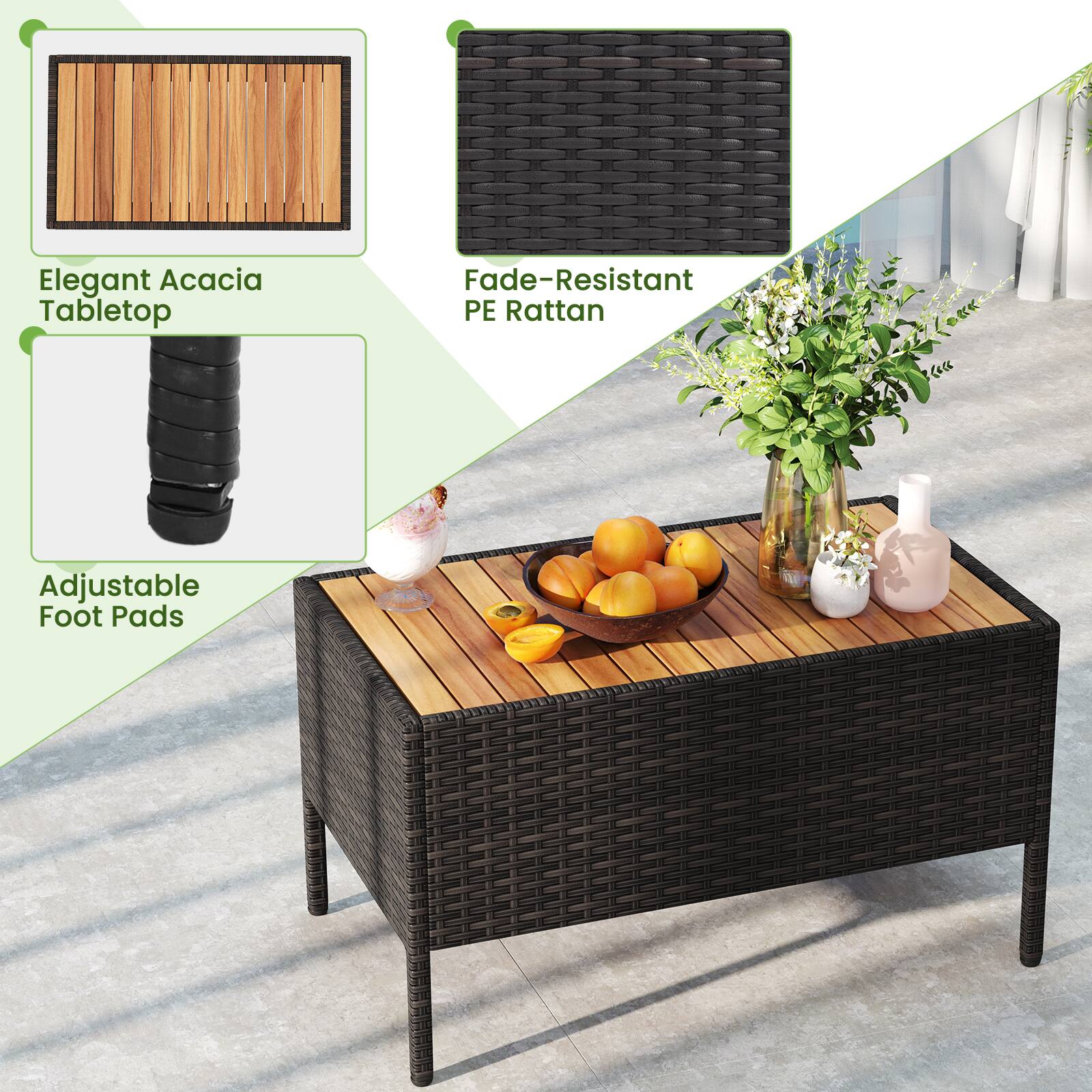 Elegant Acacia Tabletop, Fade-Resistant PE Rattan, Adjustable Foot Pads
