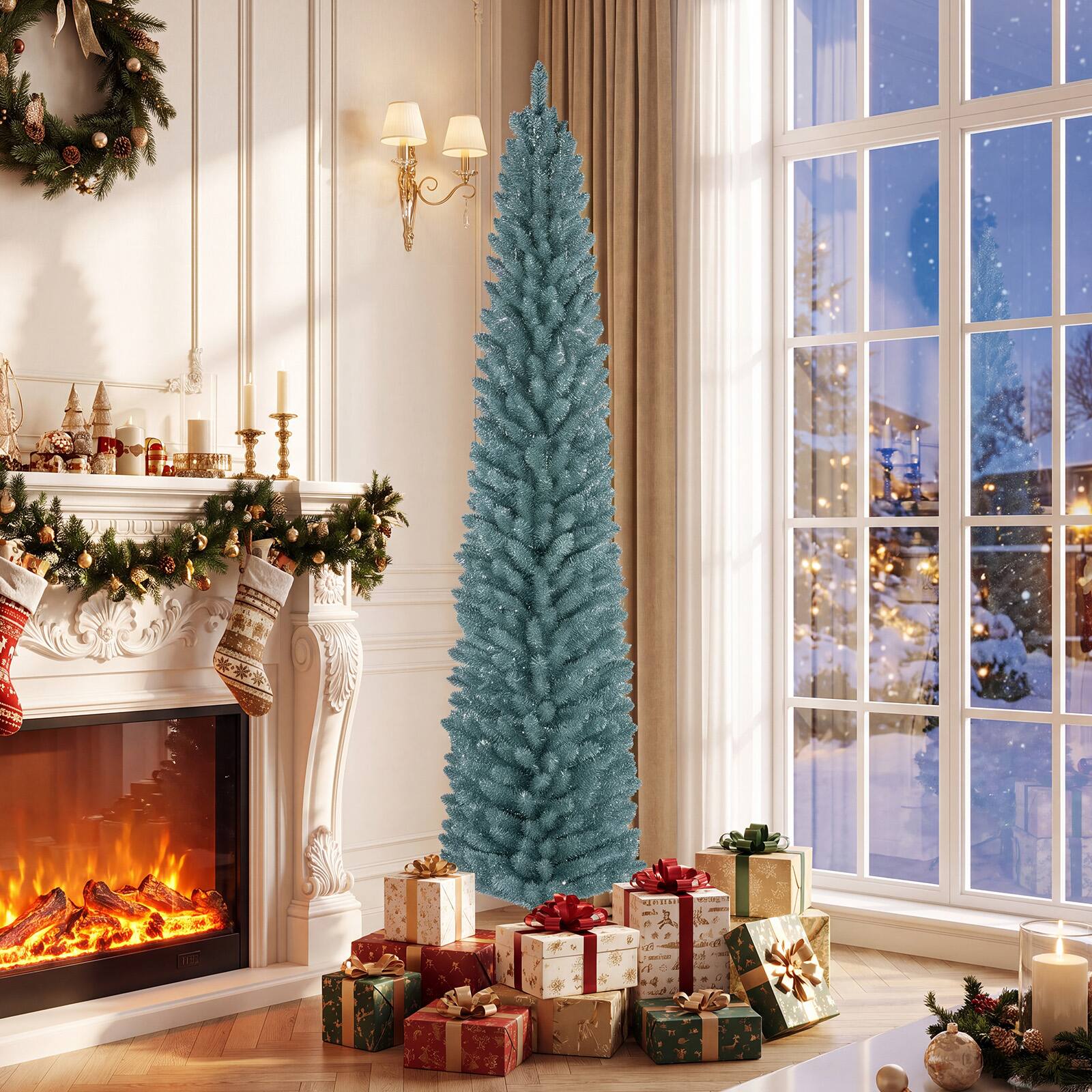 Alt View 6. Gymax - Gymax 7 FT Artificial Pencil Christmas Tree418 Lush Branch Tips Folding Metal Stand Gray Green - Gray.