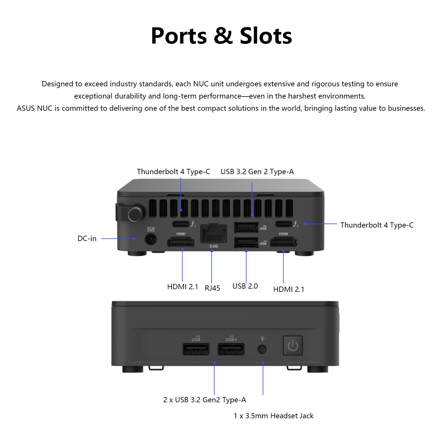 Ports & Slots

Designed to exceed industry standards, each NUC unit undergoes extensive and rigorous testing to ensure exceptional durability and long-term performance—even in the harshest environments. ASUS NUC is committed to delivering one of the best compact solutions in the world, bringing lasting value to businesses.

- Thunderbolt 4 Type-C
- USB 3.2 Gen 2 Type-A
- DC-in
- HDMI 2.1
- RJ45
- USB 2.0
- HDMI 2.1
- Thunderbolt 4 Type-C
- 2 x USB 3.2 Gen2 Type-A
- 1 x 3.5mm Headset Jack