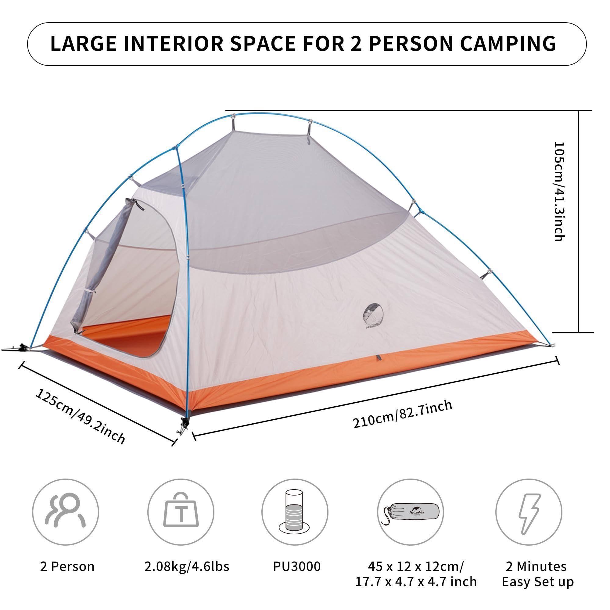 LARGE INTERIOR SPACE FOR 2 PERSON CAMPING

- 105cm/41.3inch
- 125cm/49.2inch
- 210cm/82.7inch

- 2 Person
- 2.08kg/4.6lbs
- PU3000
- 45 x 12 x 12cm/ 17.7 x 4.7 x 4.7 inch
- 2 Minutes Easy Set up