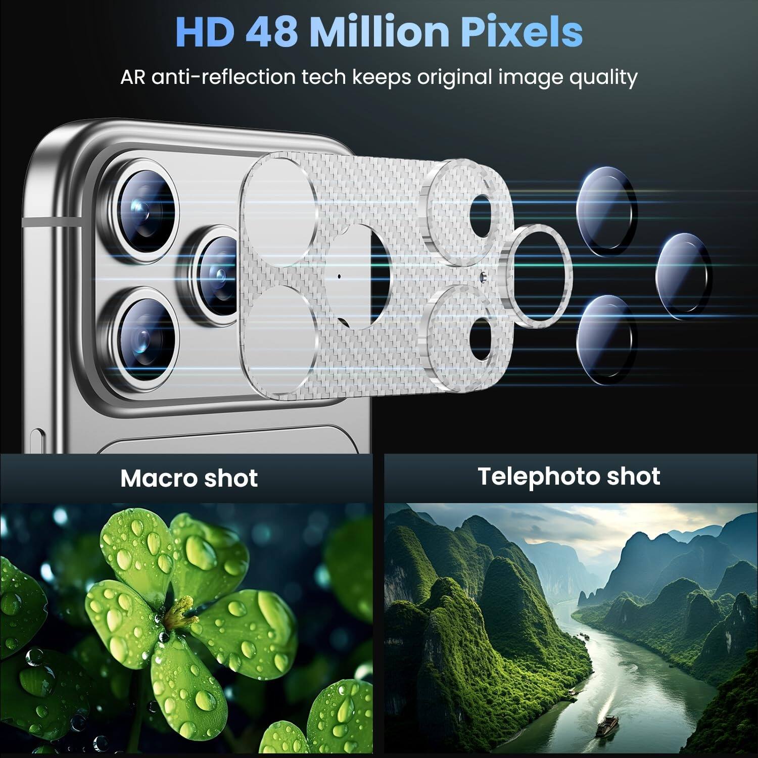 HD 48 Million Pixels  
AR anti-reflection tech keeps original image quality  

Macro shot  

Telephoto shot