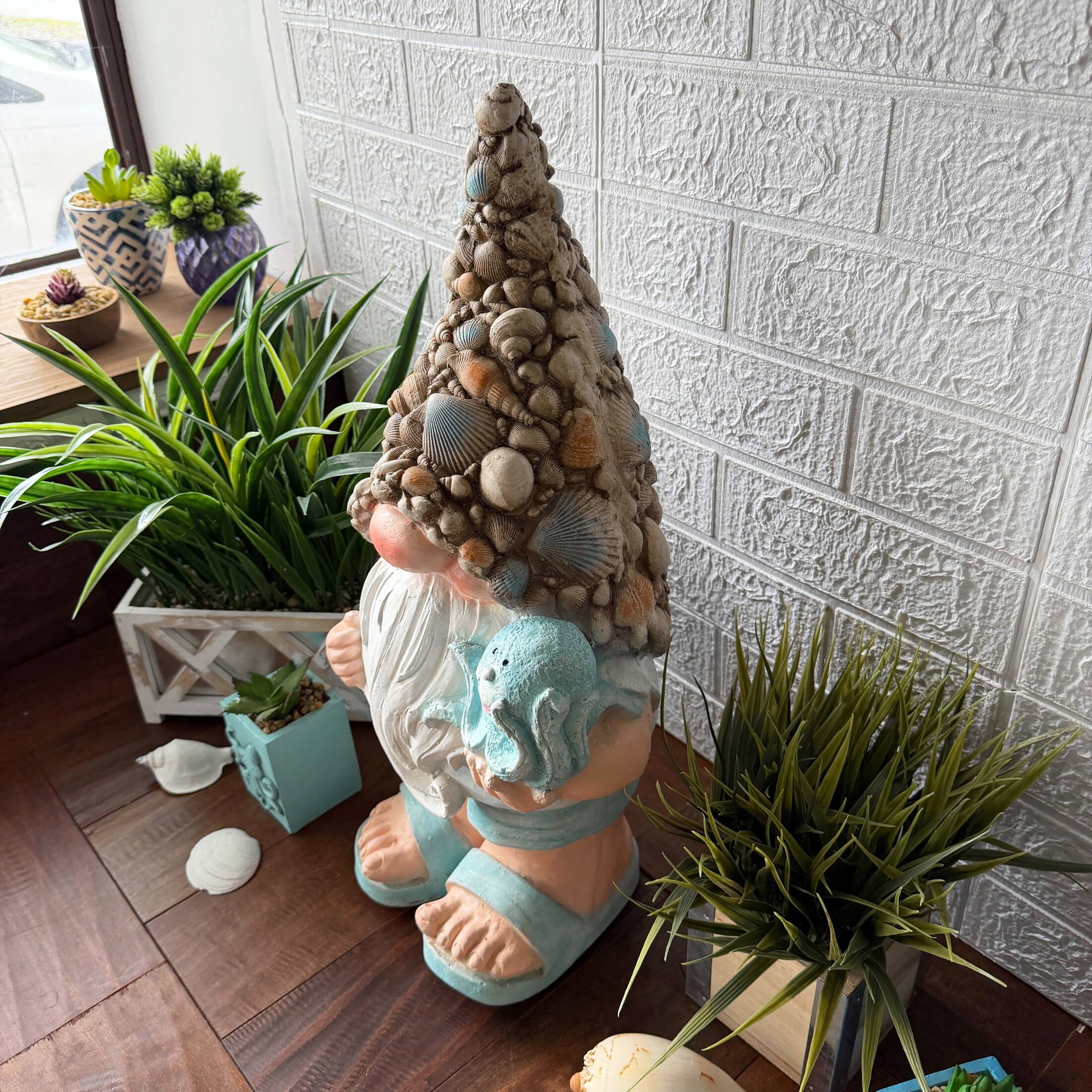 Alt View 5. Fancy That - Coastal Gnome Garden Statue with Octopus Shell Hat 22 Inch Magnesium Oxide Aqua - Aqua.