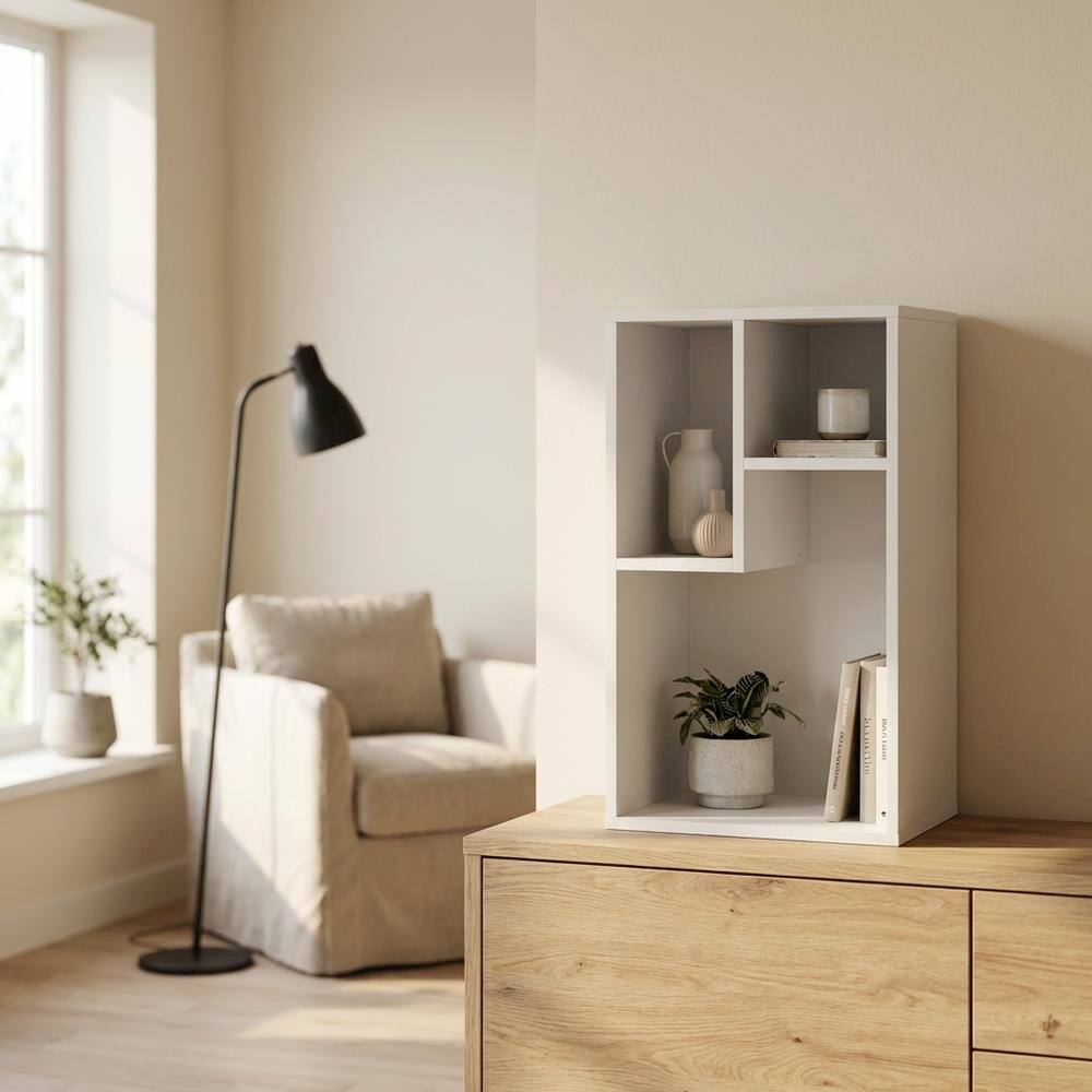 Left. FurniFact - Wood Bookcase with Adjustable Shelves and Modern Design for Living Room - White.