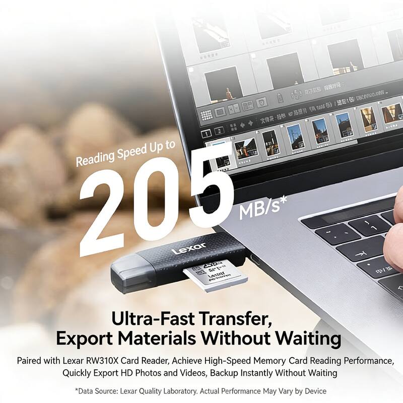RS 1 DC700.10 x Ts 47 1 Up to Reading Speed 205 Lexar MB/s*  
I 20 1t G Luttat  
Ultra-Fast Transfer, Export Materials Without Waiting  
Paired with Lexar RW310X Card Reader, Achieve High-Speed Memory Card Reading Performance, Quickly Export HD Photos and Videos, Backup Instantly Without Waiting  
*Data Source: Lexar Quality Laboratory. Actual Performance May Vary by Device