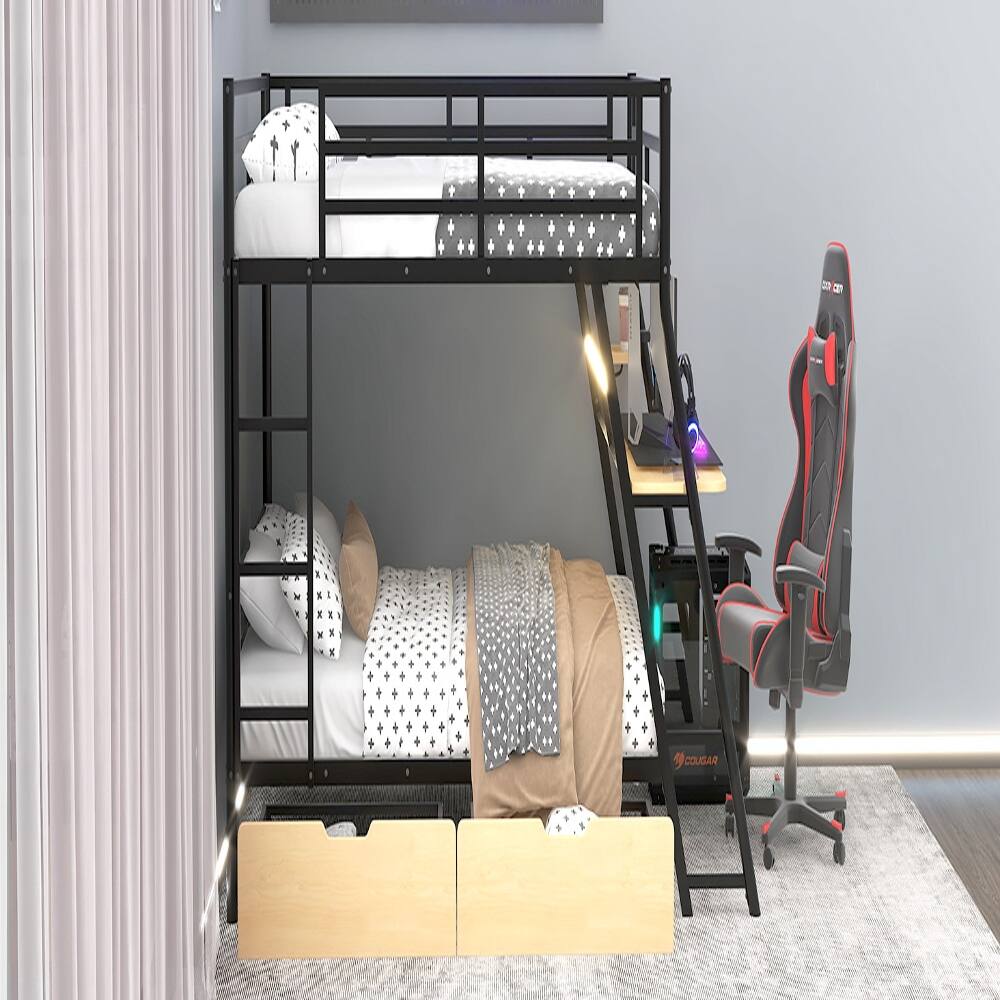 Alt View 3. Loheer - Loheer Full Size Metal Bunk Bed with Built-in Desk, Light and 2 Drawers, Black - Black.