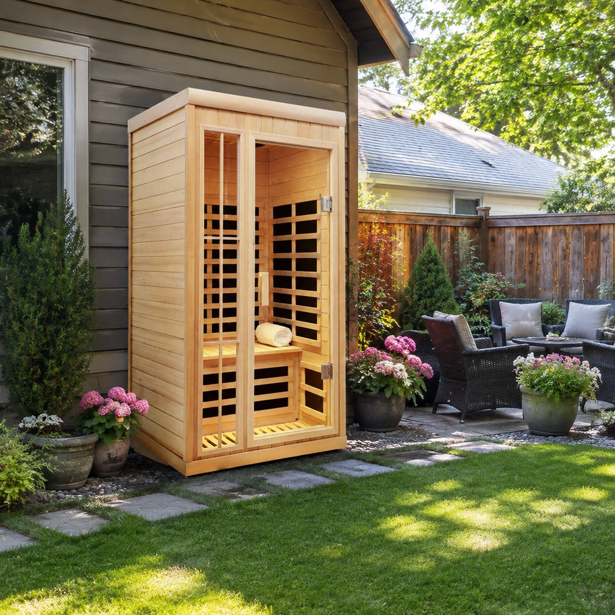 Alt View 2. RYHNUYNE - Far Infrared Hemlock Sauna Room, 1 Person, 7 Heating Panels, 1350W, LED Lights, Bluetooth, APP Control - Natural.