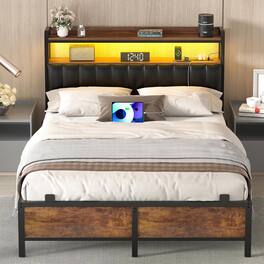 Aheaplus - Upholstered Faux Leather Bed Frame: Charging Station, Adjustable Headboard, LED Lights & Steel Slat Support - Rustic Brown