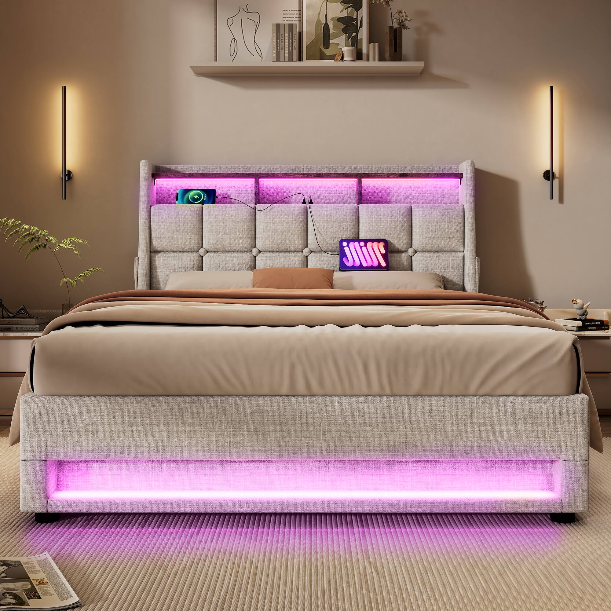 Alt View 1. Anysun - Full Size Upholstered Platform Bed - Hydraulic Storage, LED, Charging Station, No Box Spring, Easy Assembly - Natural.