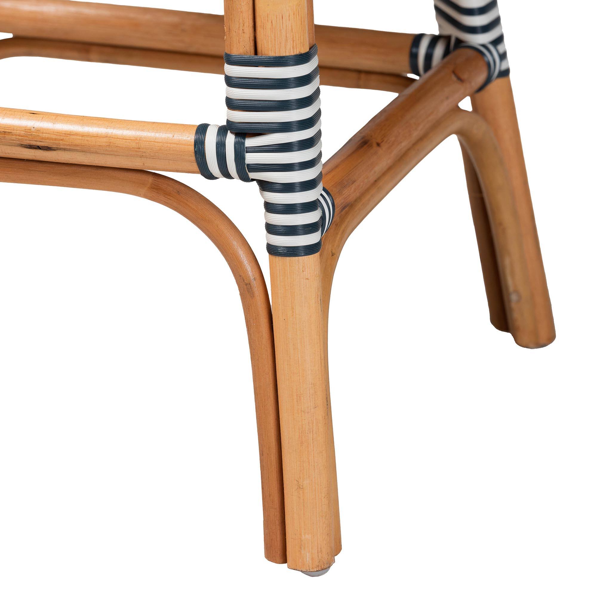Alt View 1. bali & pari - Genica Classic French Weaving and Natural Rattan 2-Piece Counter Stool Set - Navy Blue/White/Natural Rattan.