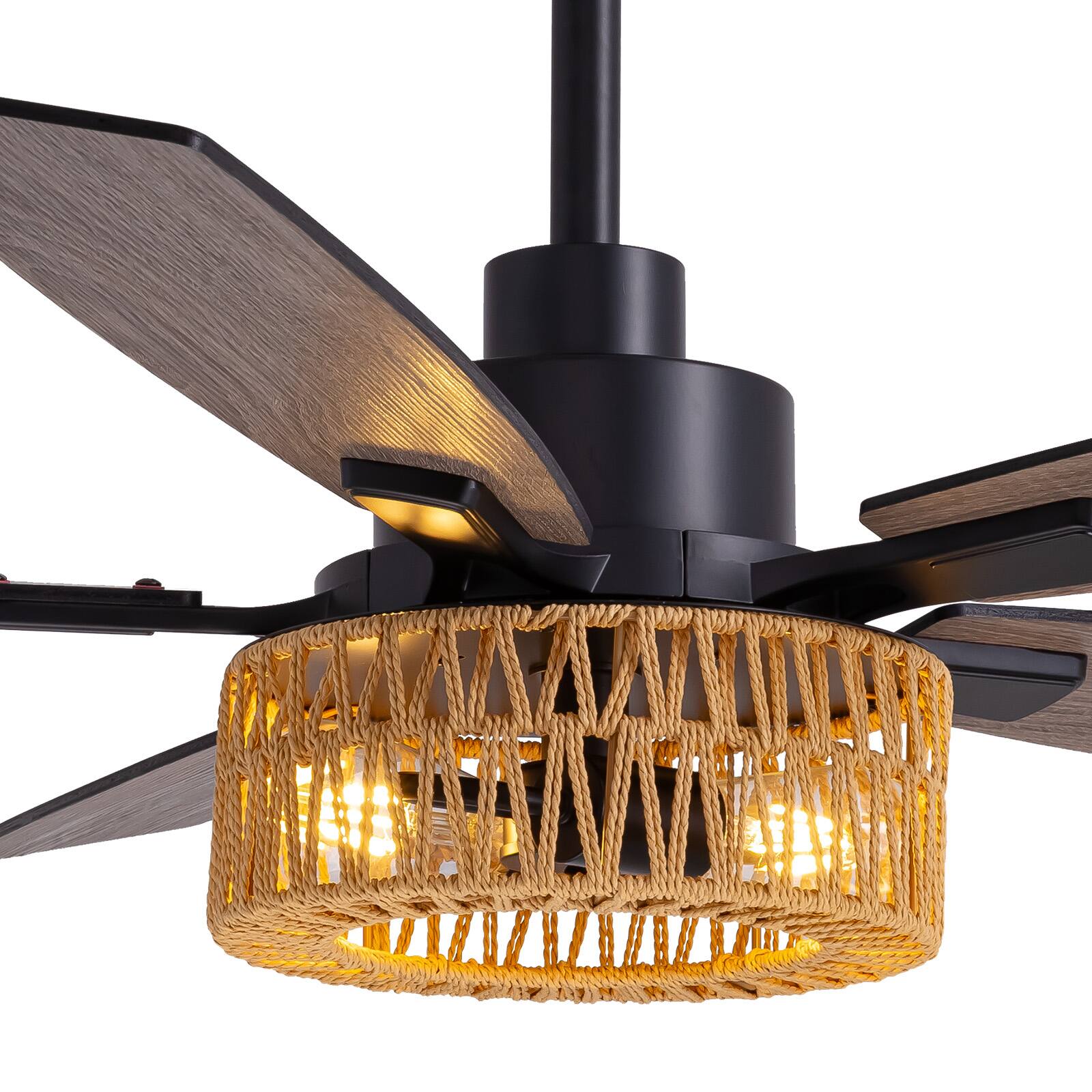 Alt View 2. Siljoy - 52-in Boho Black Rattan Ceiling Fan with Light and Remote Control Include(Bulb not include) - Black.