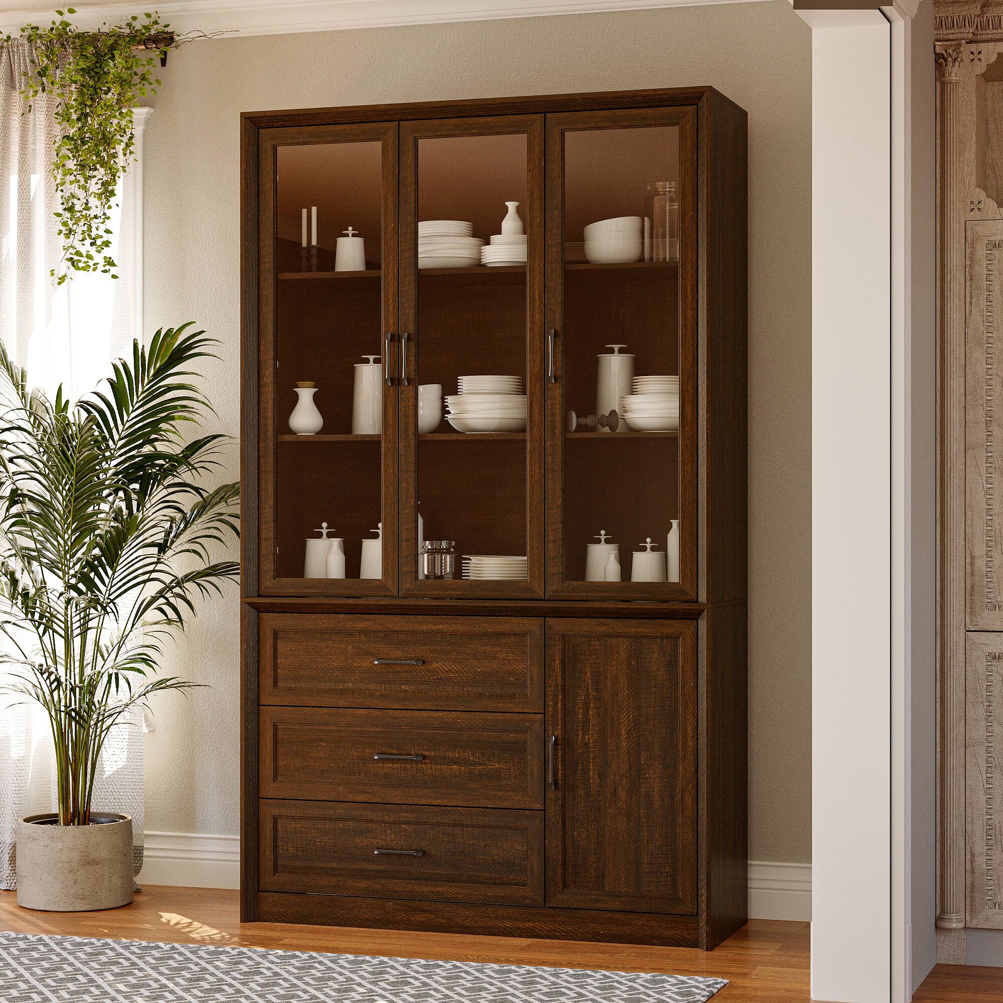 Back. FUFU&GAGA - Multi-Purpose Large Glass Door Cabinet with Shelves and Drawers for Living Room or Kitchen Storage - Brown.