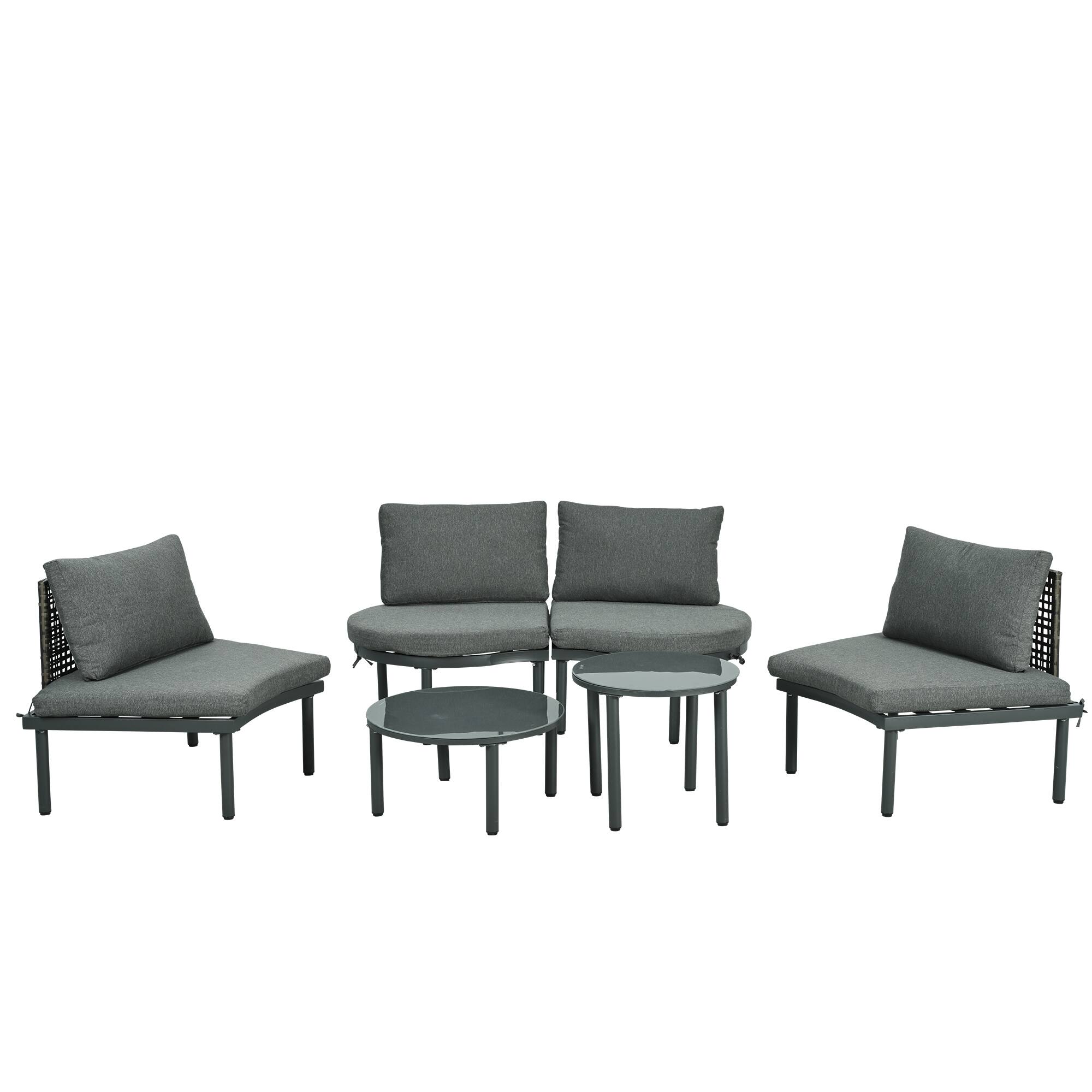 Alt View 8. Siljoy - 6-Piece Half Moon Wicker Patio Set, Gray, 2 Coffee Tables with Tempered Glass, Cushions & Pillows - Gray.