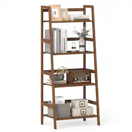 Gymax - 4-Tier Bamboo Ladder Shelf Plant Display Stand Rack Bookshelf Natural - Brown