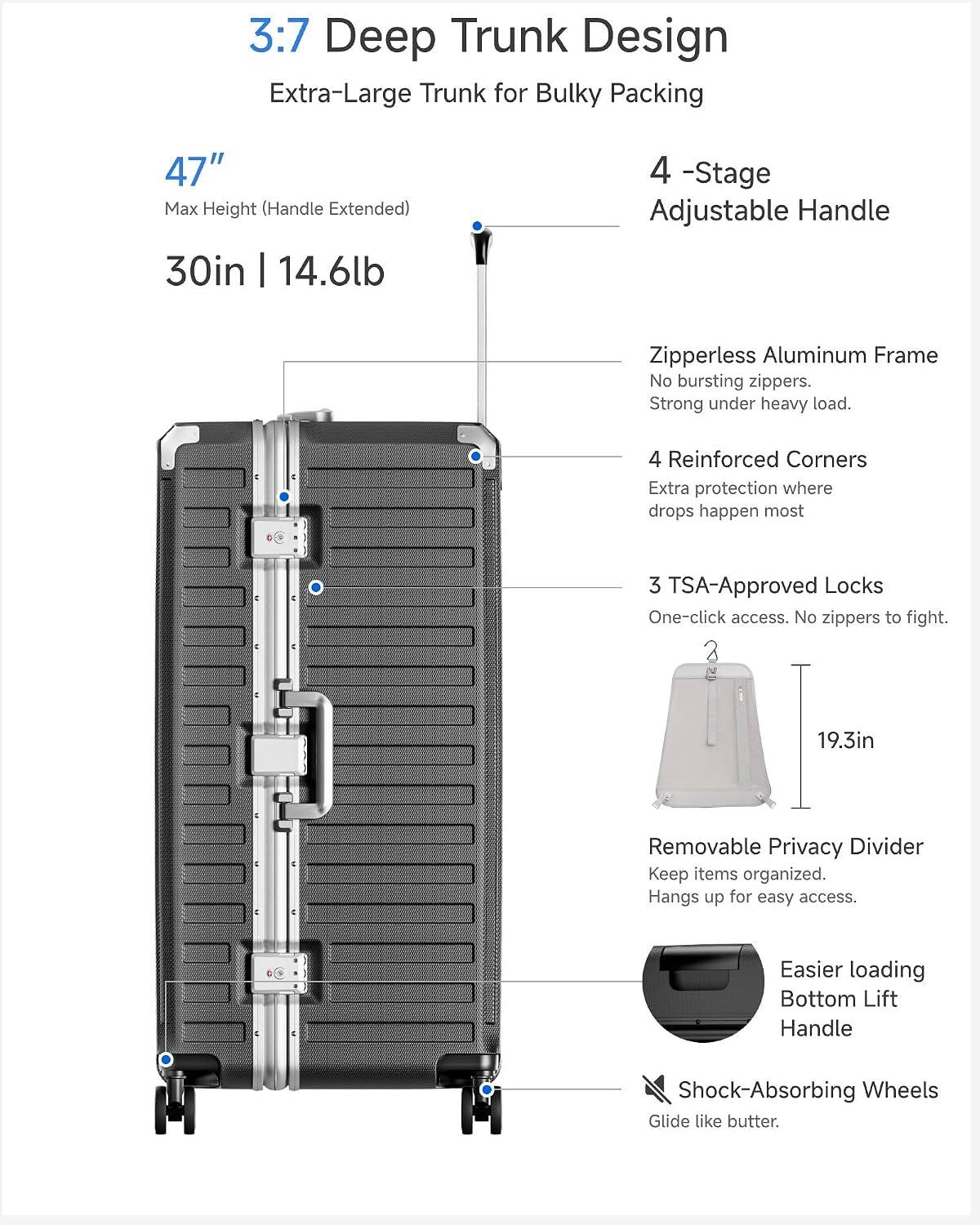 3:7 Deep Trunk Design  
Extra-Large Trunk for Bulky Packing

47" Max Height (Handle Extended)  
30in | 14.6lb

4-Stage Adjustable Handle

Zipperless Aluminum Frame  
No bursting zippers. Strong under heavy load.

4 Reinforced Corners  
Extra protection where drops happen most

3 TSA-Approved Locks  
One-click access. No zippers to fight.

19.3in

Removable Privacy Divider  
Keep items organized. Hangs up for easy access.

Easier loading Bottom Lift Handle

Shock-Absorbing Wheels  
Glide like butter.
