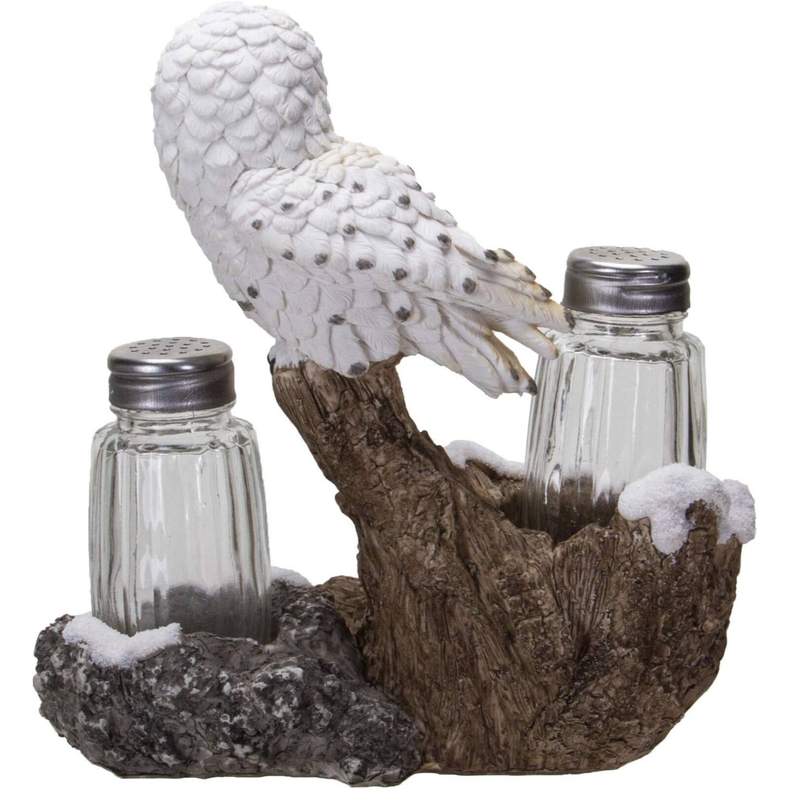 Angle. Pacific Trading - Snow White Owlet Owl On Snowy Branch Glass Salt Pepper Shakers with Holder - White.