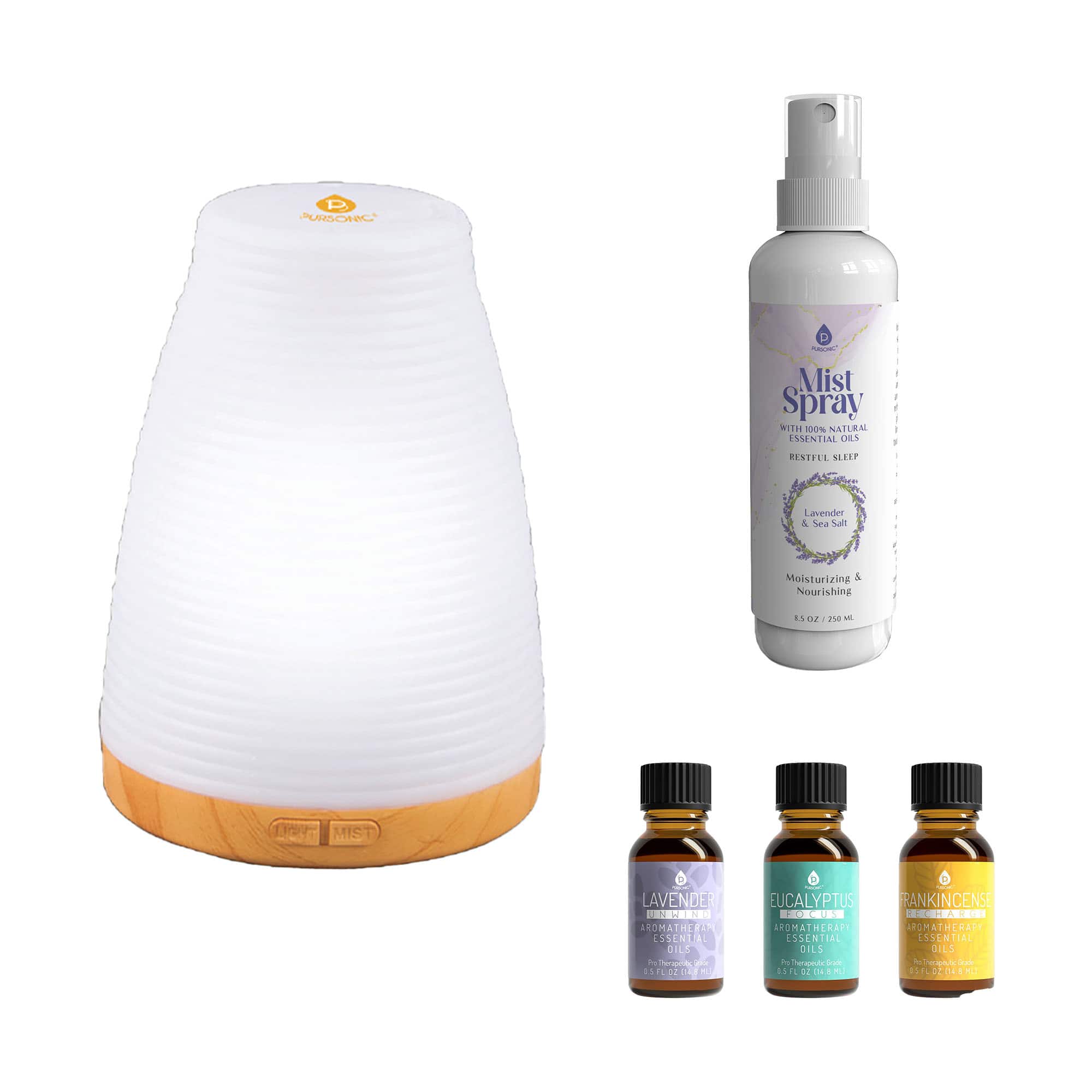 Pursonic - Aromatherapy Essentials Bundle with USB Diffuser, 3-Pack Oils, and Lavender Mist Spray - Multicolor
