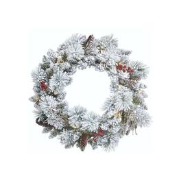 NOMA - 24" Pre-Lit LED Flocked Berry Christmas Wreath with 35 Warm White Lights - Berry Flocked