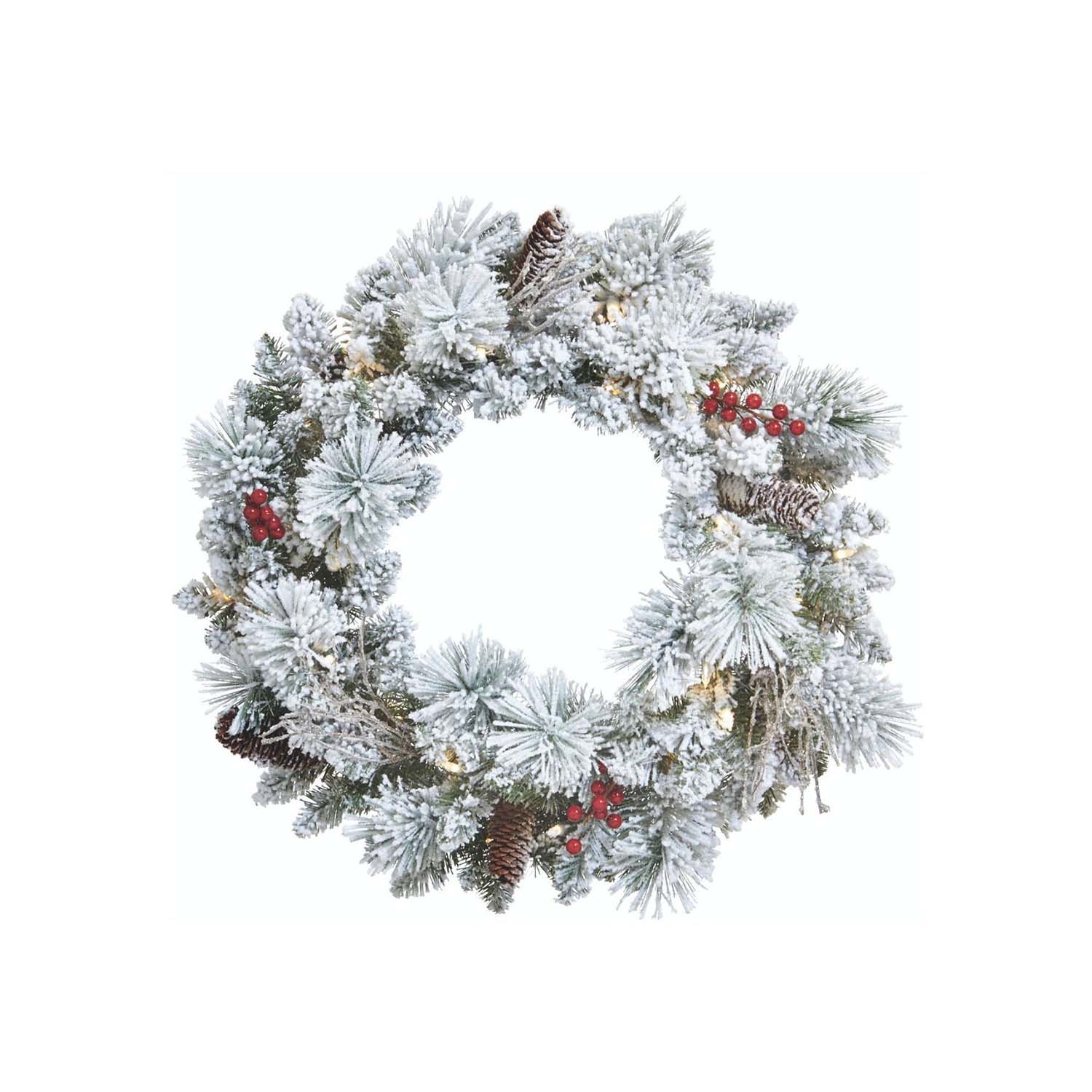 Front. NOMA - NOMA 24" Pre-Lit LED Flocked Berry Christmas Wreath with 35 Warm White Lights - Berry Flocked.
