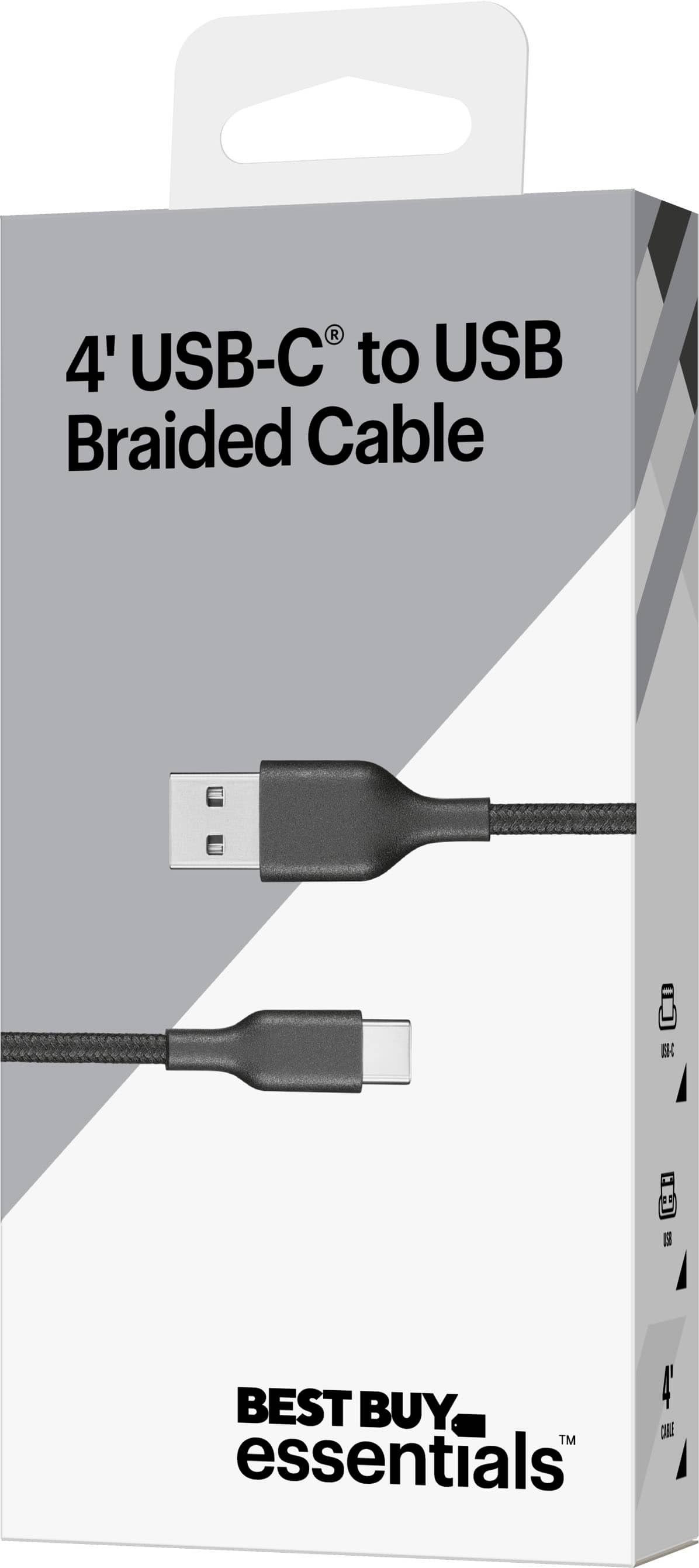 The text on the image reads: "4' USB-C to USB Braided Cable - Best Buy Essentials".