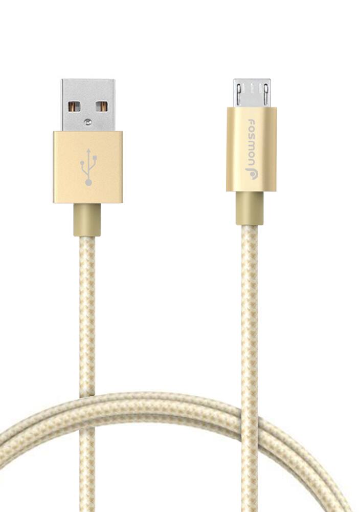 Left. Fosmon - 3ft High-Speed Micro USB to USB Sync & Charge Data Cable - Fabric Braided Jacket | Aluminum Housing | 480Mbps, Gold - Gold.